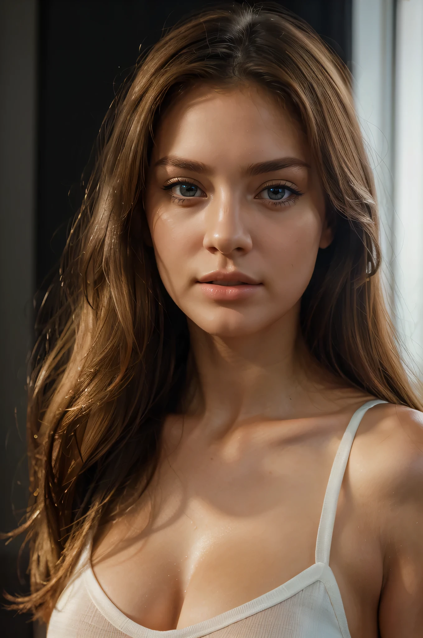 masterpiece, ultra high quality CG, best quality, perfect picture, solo, Color photograph, close-up, ((a realistic photo of a beautiful girl)), (milalc), light, ((glowy skin)), looking_at_viewer, (fit body:1.0), long hair, detailed illustration, masterpiece, high quality, realistic, very detailed face, blond hair, blue eyes, black t-shirt