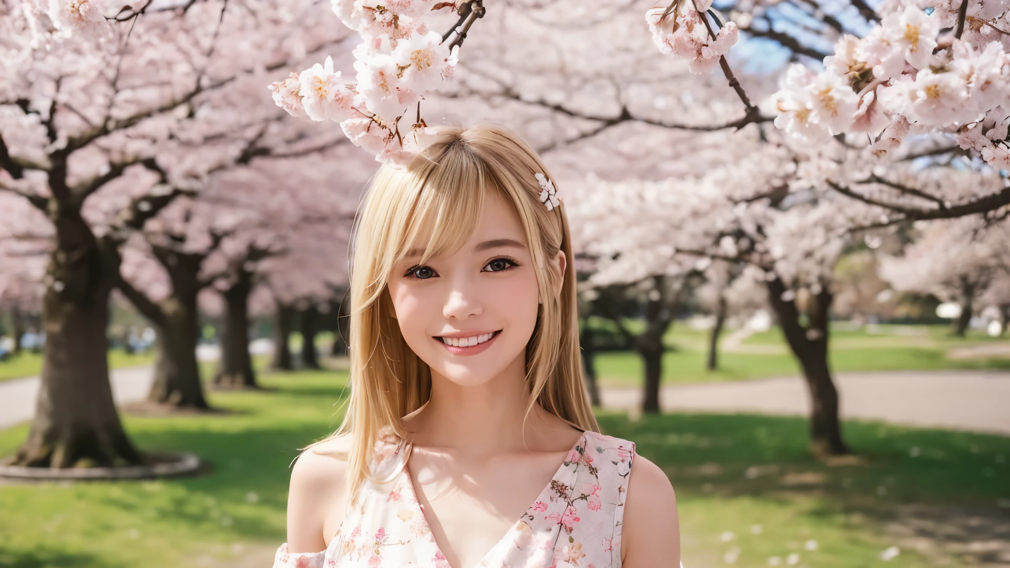 Instagram pictures, french girl, Shoulder length hair, Has light blonde hair, Close-up photo, Take a walk in the park with cherry blossoms, Japan, smile a little,