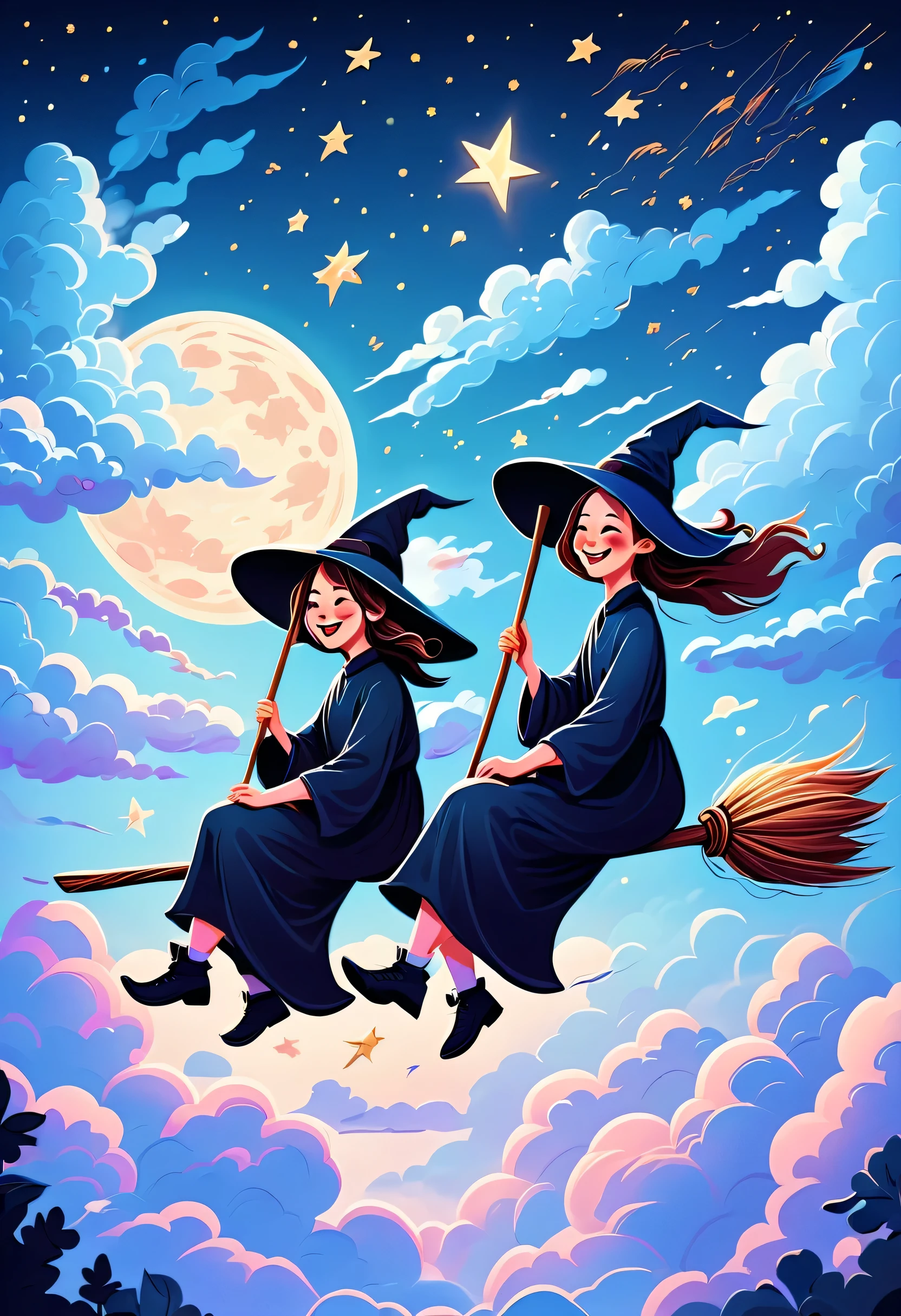 Healing department,a cartoon illustration:in the sky,(Two witches sitting on broomsticks,Happy flying),laughing out loud,air racing,fluffy clouds,Rear view,glistening stars,dreamy blue sky,Gurwitz art style