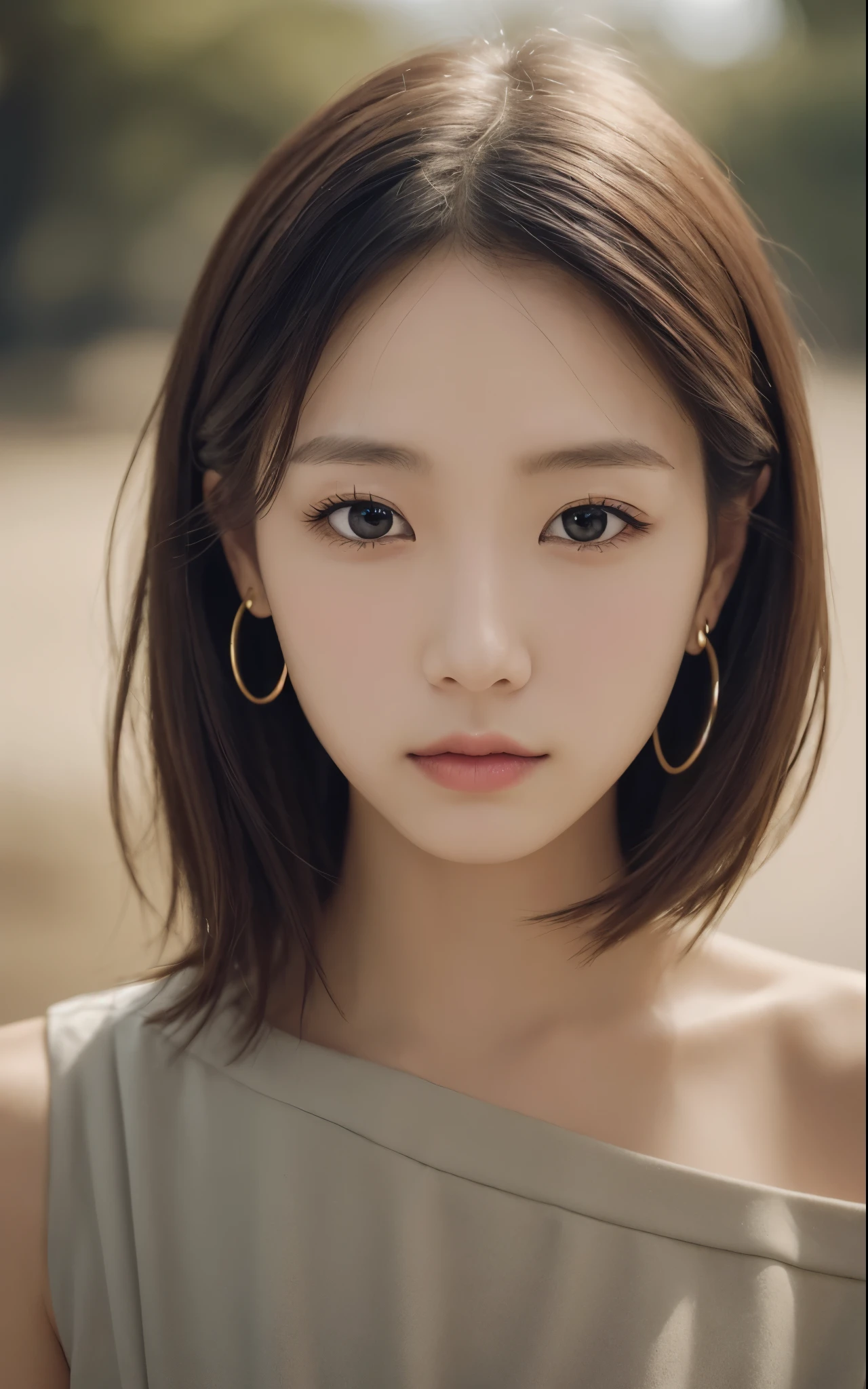 masterpiece, highest quality, Like a real photo、alone, 1 girl, glowing skin, hoop earrings, glamorous, quirky details, dry hair, short bob、fascinating, bare shoulders, long pants, shallow depth of field, contrasting, professional model, facing the front, portrait,so that the whole head is visible,high nose,Japanese style face