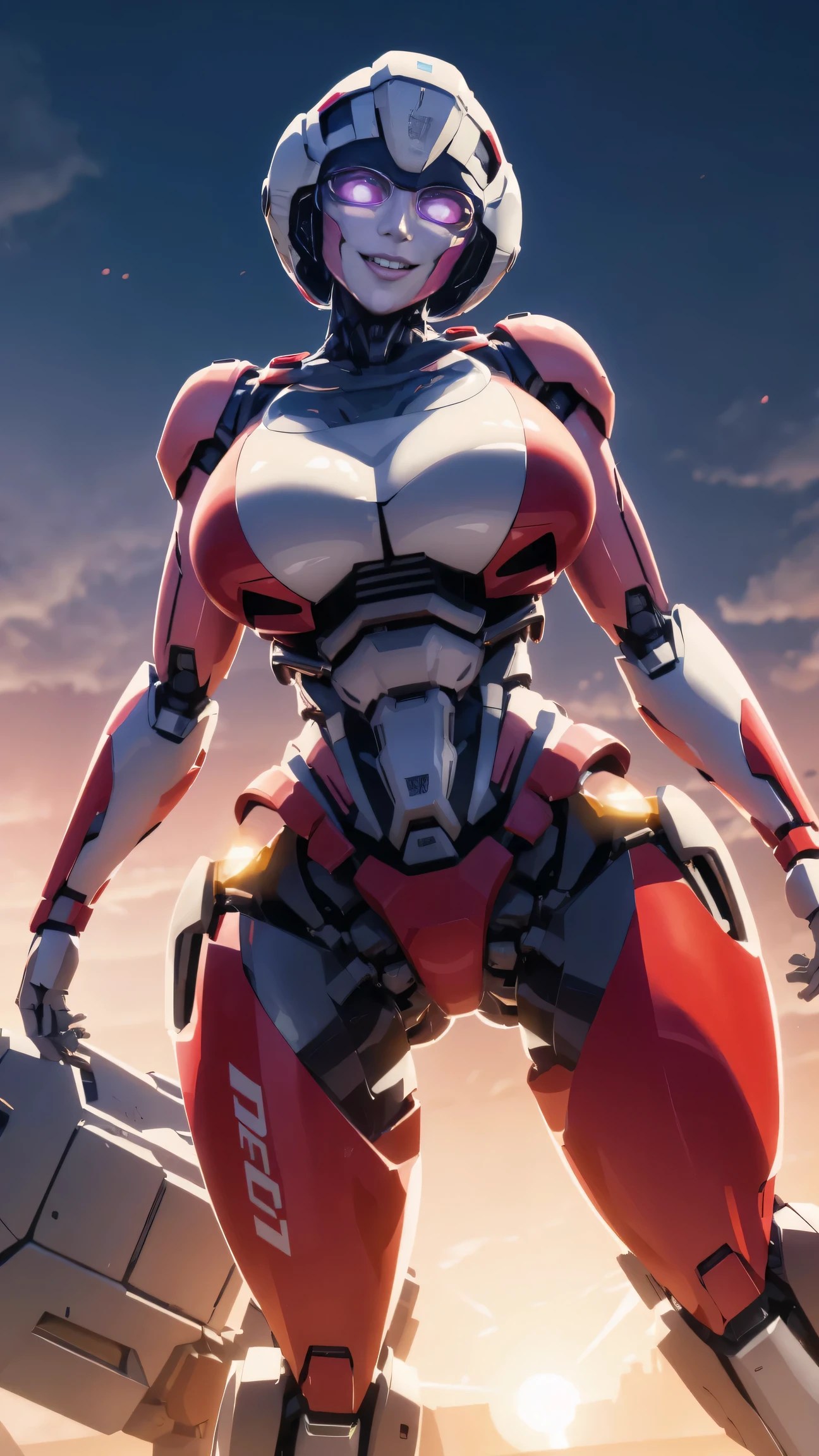 ROTB_Arcee, 1girl, big breasts, smile, robot, mecha, (glowing eyes:1.2)