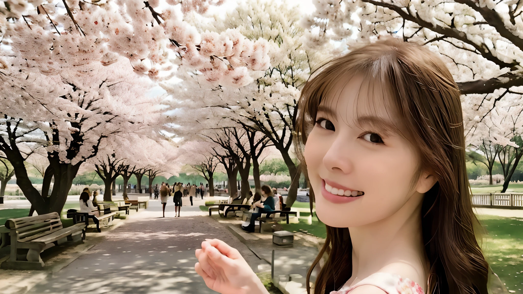 Instagram pictures, french girl, Shoulder length hair, Has light blonde hair, Close-up photo, Take a walk in the park with cherry blossoms, Japan, smile a little,