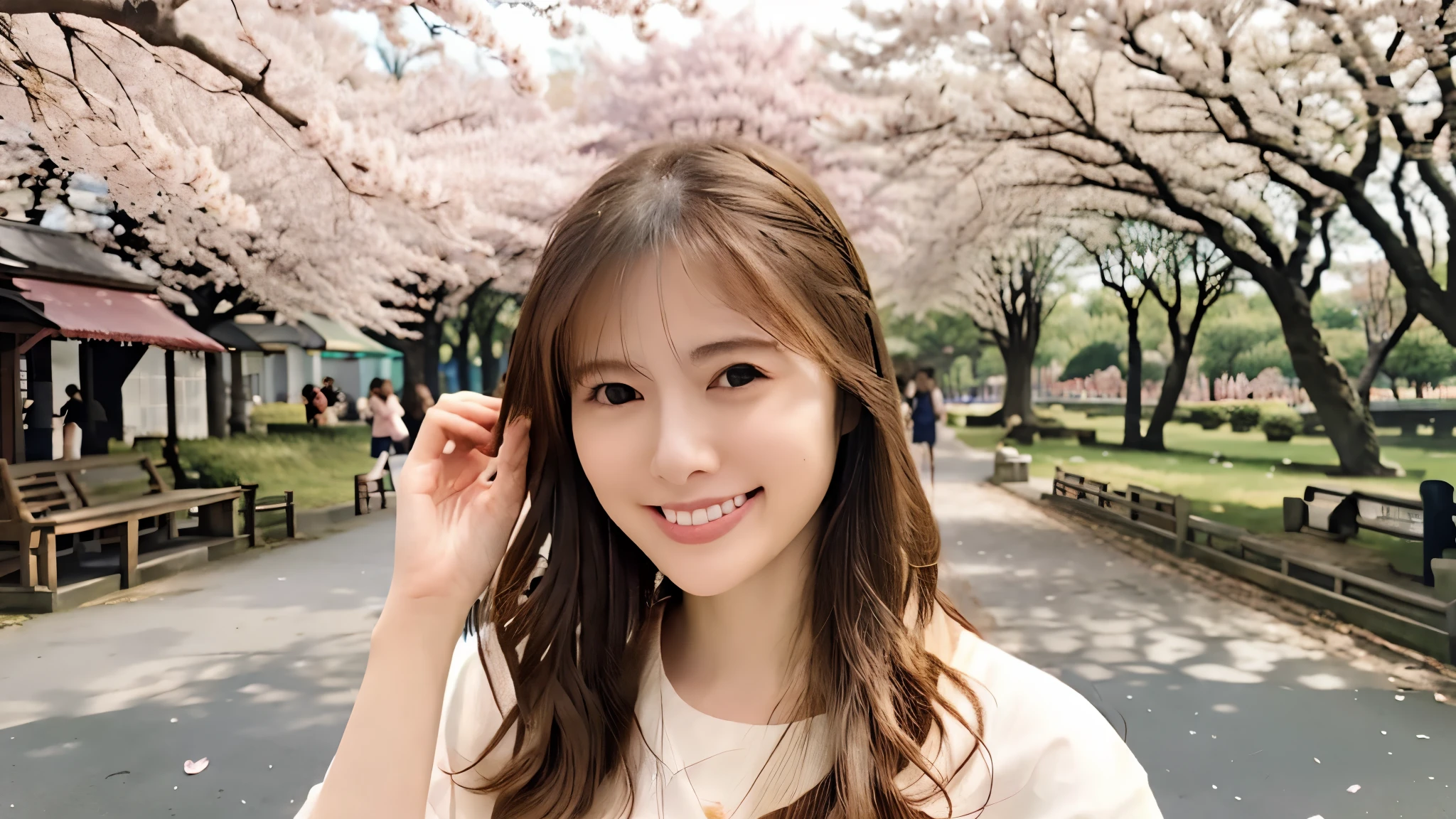 Instagram pictures, french girl, Shoulder length hair, Has light blonde hair, Close-up photo, Take a walk in the park with cherry blossoms, Japan, smile a little,