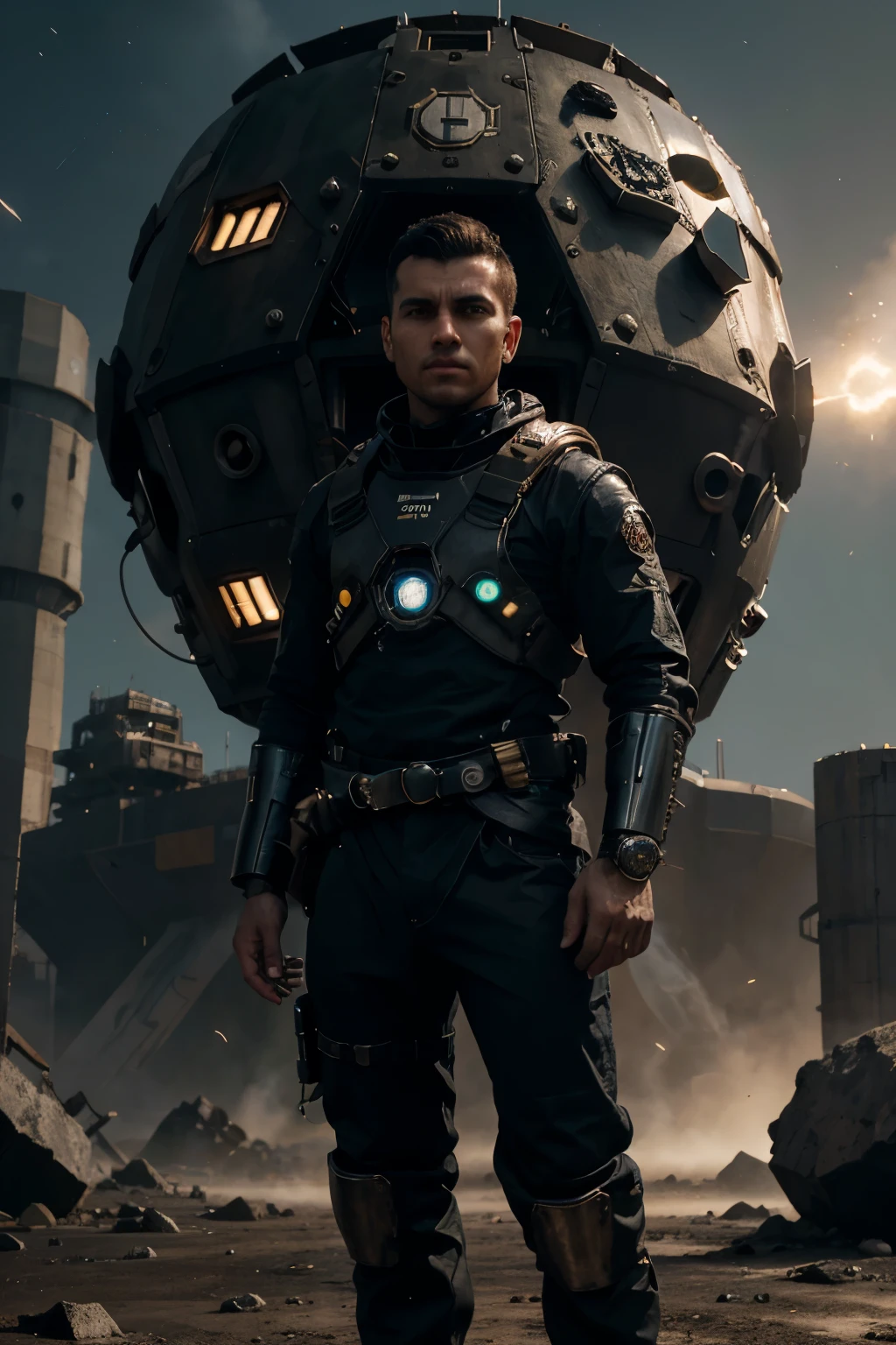 Ship captain, rosto agressivo, suja de fuligem, vestido com umtraje espacial, (rosto a mostra), (rosto totalmente descoberto), foco na parte de cima de seu corpo, dynamic lighting, with a futuristic weapon in his hands. Roupa cinzenta, with technology backpack, the environment is a mining asteroid. with machinery. Armadura completa, botas futuristas, peitoral futurista, embreiras futuristas, futuristic armbands, futuristic pants, , rosto descoberto e bastante detalhado, High definition, 8k, Nothing in the head