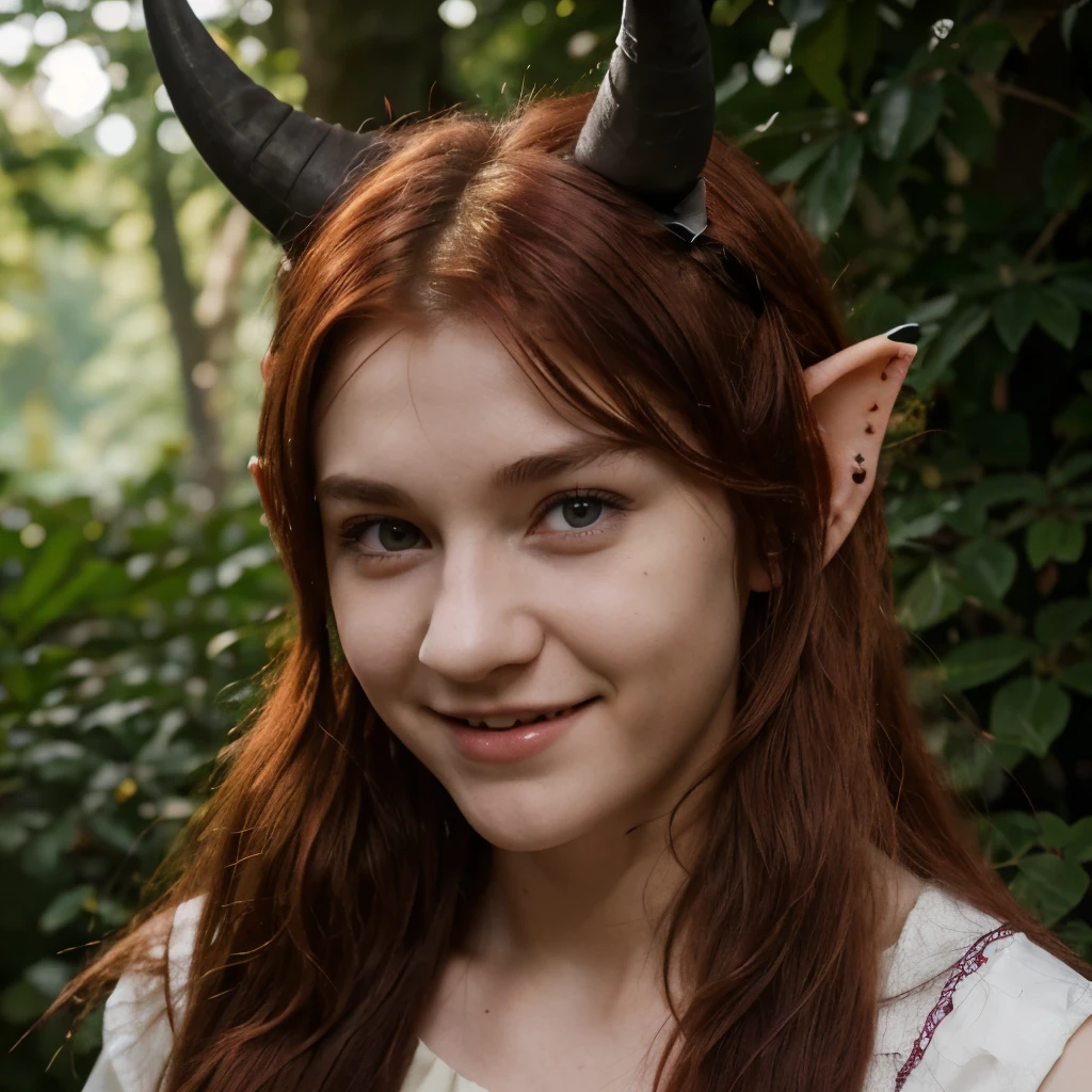 Young girl , Red hair,shaggy hairstyle, pale, Snub-nosed nose, purple eyes, Broad smile,happy face, himself, sickening,чернге himself,long straight horns,black horns,fangs , elf ears , Middle Ages, the forest, hiding in the bushes Photography