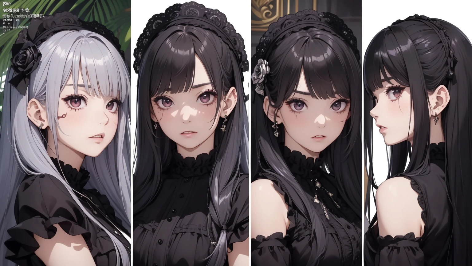 ((ผMasterpiece)),(((best quality))),Masterpiece, Excellent,anime, german girl, Emo Girl, long hair, ta hair, Gothic series, black dress, Victorian dress, Shy, Gothic art style, in the mansion, Two maids stayed behind.,, annoying, face only, Separate from each other...., to, equilibrium, decorations, sharp teeth, shout, sparkling eyes, Highly detailed, ((4 expressions)), Jungle Theme, ((Scab on the face, glossy lips, shiny skin, (((There are only four pages..))), (((References only four)))