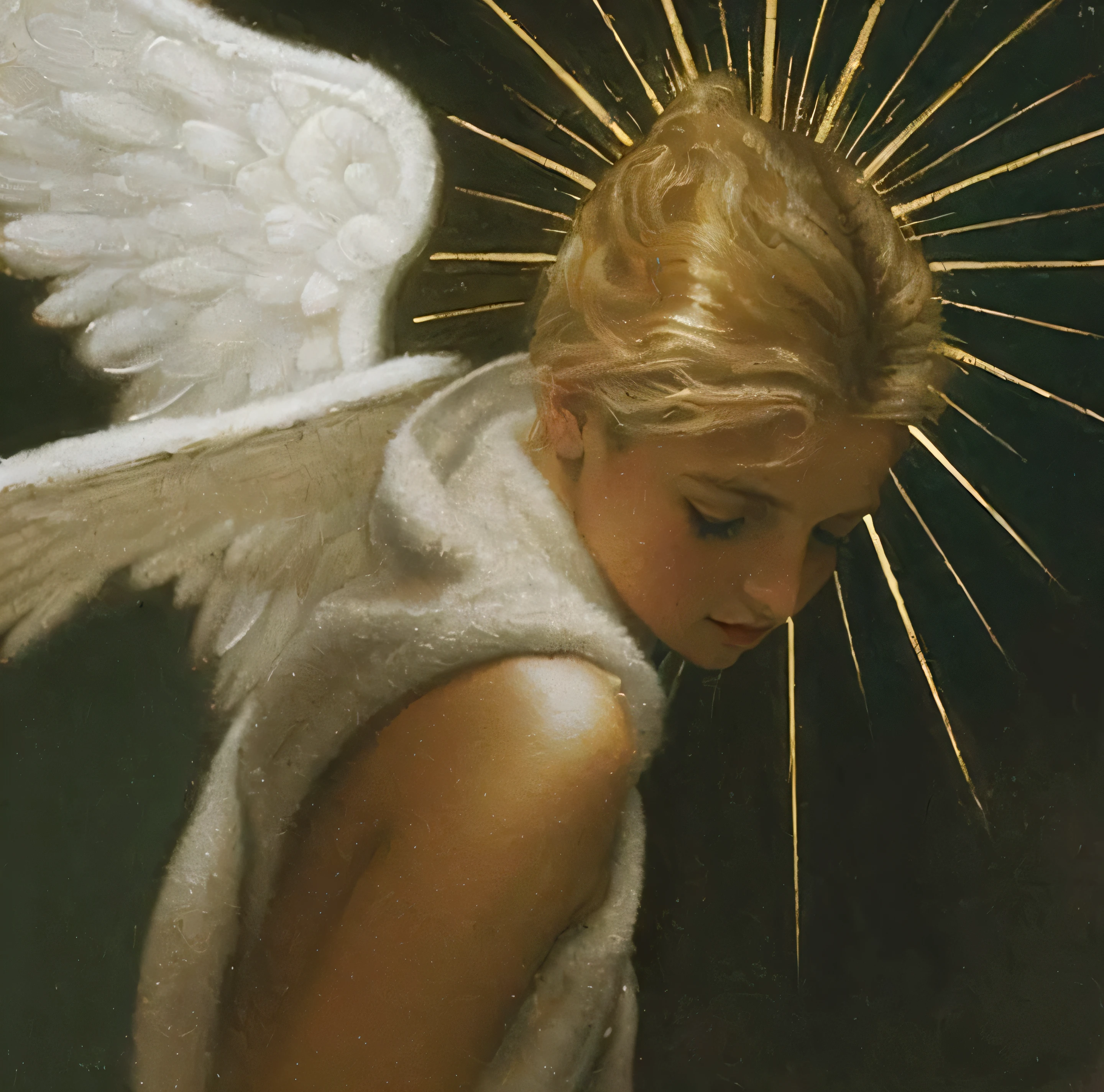 (((Holy GUARDIAN ANGEL. 19 years old))) (((IMAGEN VINTAGE RETRO))) ((( Con una cara seria y piadosa. Con una mirada dulce y tierna))) (obra maestra, calidad superior, mejor calidad, arte oficial, beautiful and aesthetic: 1.2), (1girl), extremadamente detallado, (Arte fractal: 1.3), colorido, highest detailed, Cara perfecta, parte superior del cuerpo, HDR, (orando: 1.3), (golden lines of white coat: 1.2), galaxia, (rayas de luz), eye-catching visuals, (dynamic stripes, senderos luminosos: 1.2), colores vibrantes,