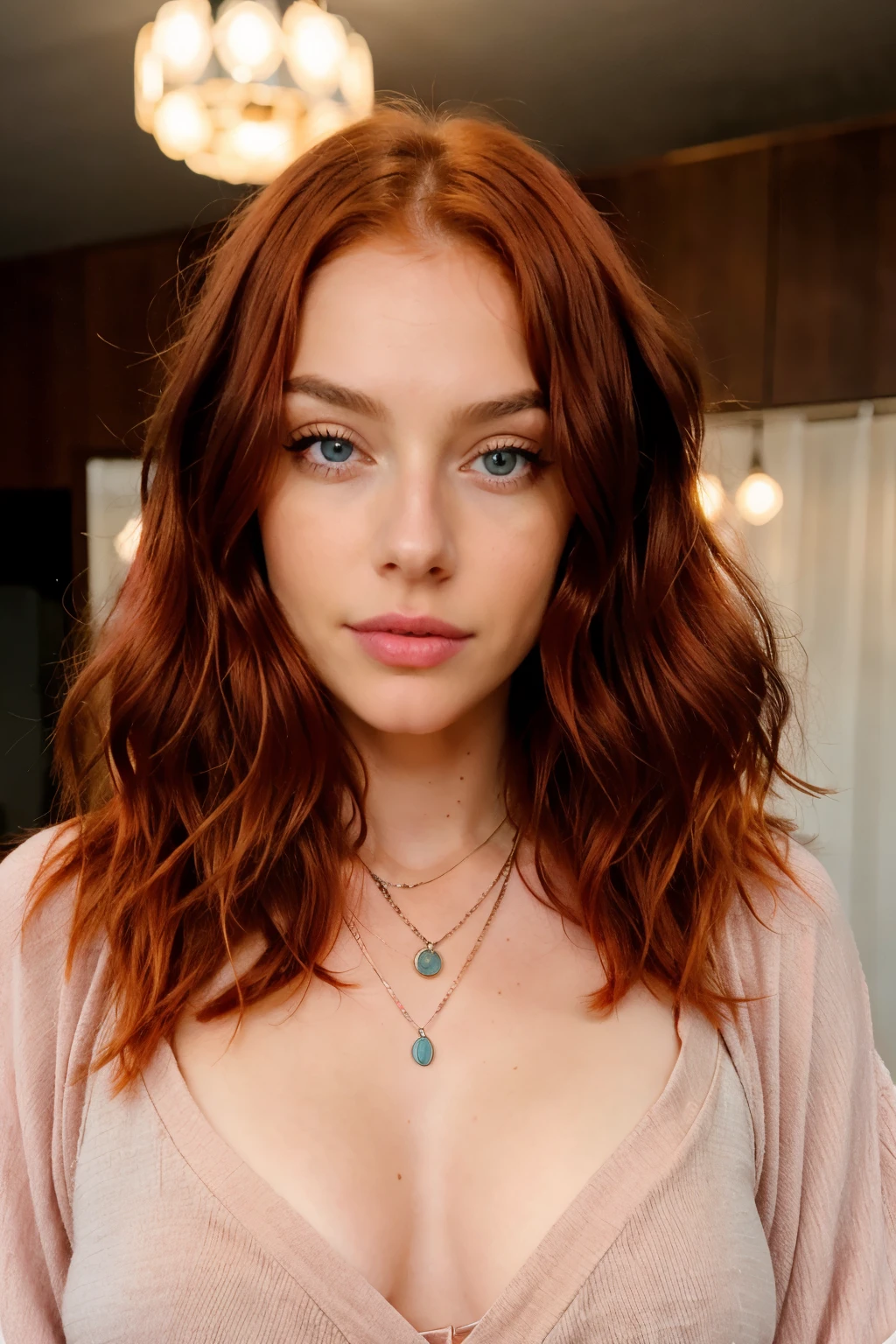 A young redhead woman wearing a necklace with long red hair and blue eyes, in the style of Precisionista, wavy, Textural layering, light amber and pink, cotton olive, Flattering lighting, effortless chic
