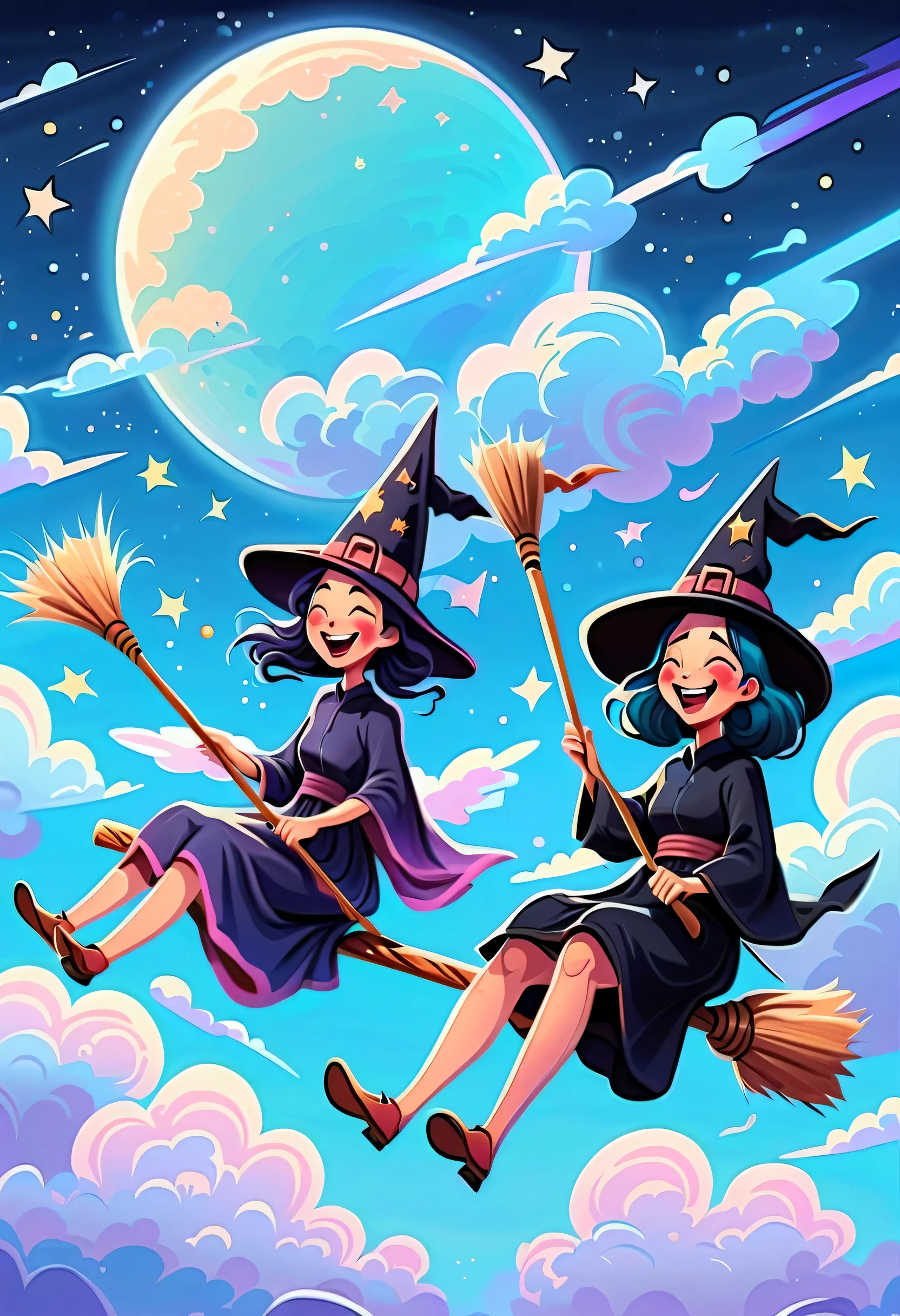 Healing department,a cartoon illustration:in the sky,(Two witches sitting on broomsticks,Happy flying),laughing out loud,air racing,fluffy clouds,Rear view,glistening stars,dreamy blue sky,Gurwitz art style