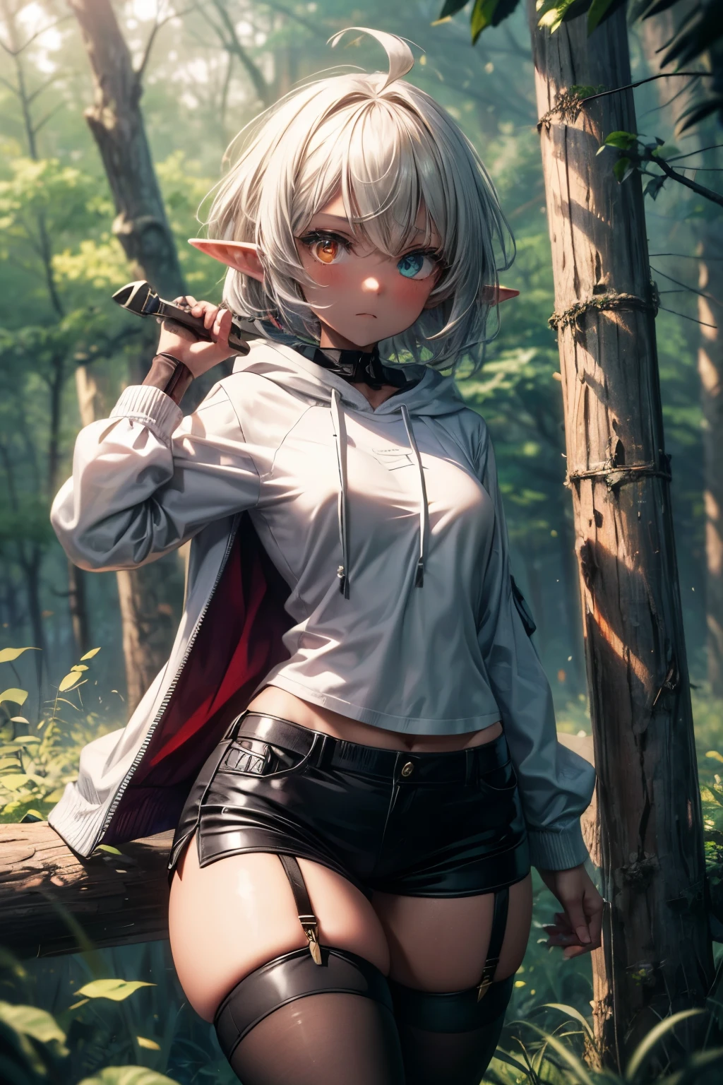 Solo, 1Girl, Elf Girl, White Fluffy Wavy Hair, Pixie Cut Hair, Ahoge on Top of Head, Heterochromia Eyes: Red Left Eye and Golden Right Eye, Long Elvish Ears, Brown Skin Tone, Slim Small Breasts, Slender Toned Body, Narrow Waist, Wide Hips, Big Shapely Ass, Thick Squishy Thighs, Leather Light Armor, White Hoodie, Black Shorts, Fancy Garter Belts, Holding Dagger, Standing in Lush Forest, Furrowed Eyebrows, Stoic Expression, No Smile, Masterpiece, 4K Resolution