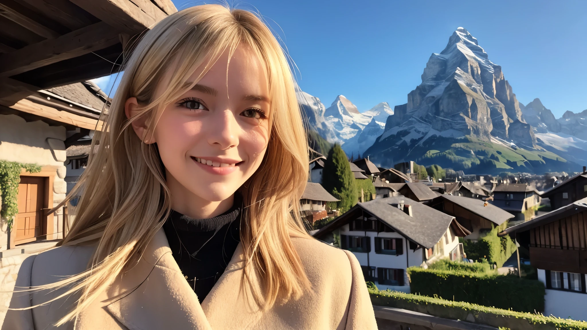 Instagram pictures, 1 French girl, Shoulder length hair, Has light blonde hair, Close-up photo, coat, The background is the village of Grindelwald....., Switzerland, smile a little,