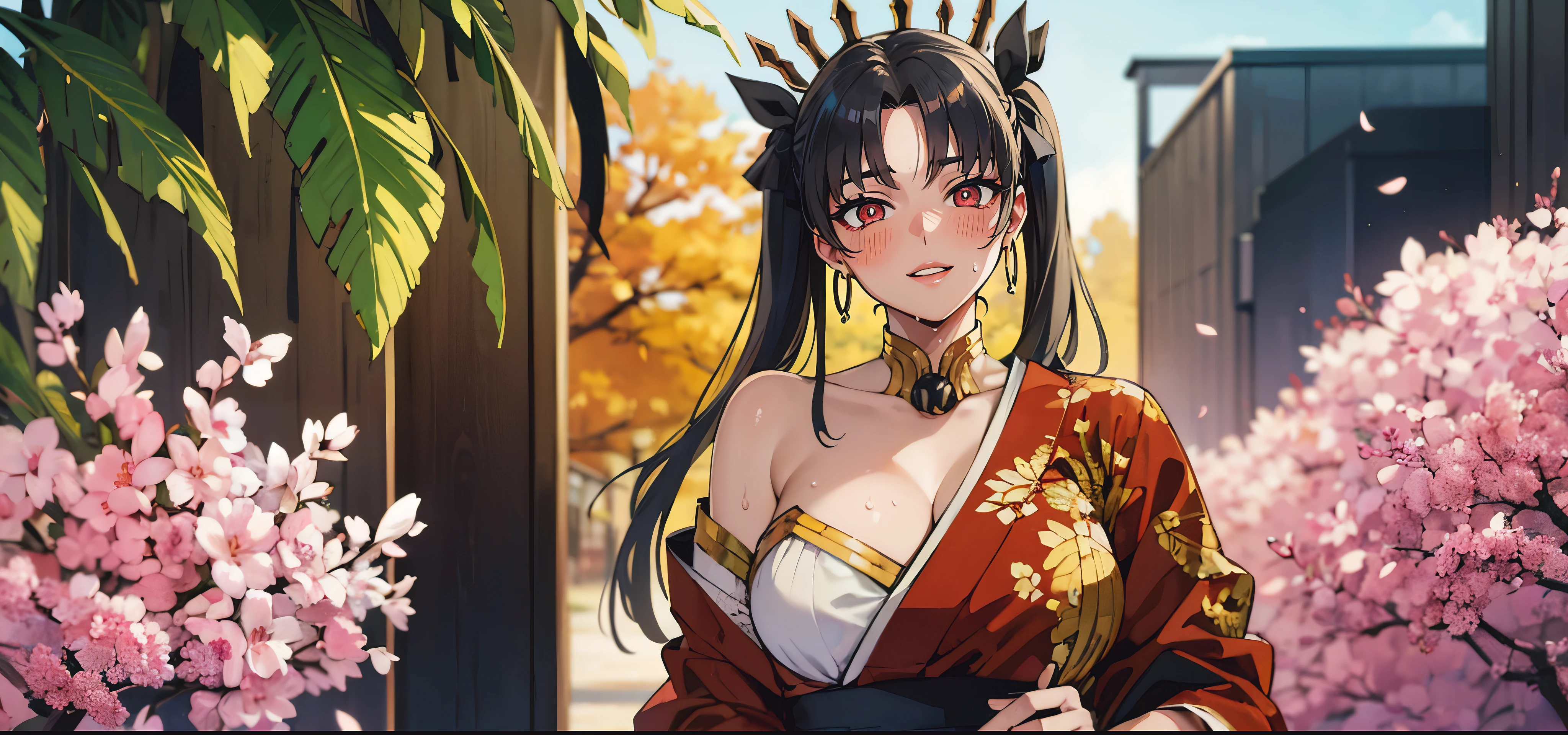 aaishtar, black hair, long hair, two side up, hair ribbon, tiara, parted bangs, hoop earrings, neck ring, modern decor,cozy atmosphere,relaxing vibes,urban backdrop,dreamy ambiance, huge breast, hair ornament, magical aura, enchanting beauty, mystical setting, enchanting artwork, intricate details.1girl, cherry_blossoms, breasts, solo, petals, japanese_clothes, kimono, collarbone, bare_shoulders, twin_braids, lips, cleavage, looking_at_viewer, flower, hair_ornament, makeup, floral_print, upper_body, large_breasts, sweating, 