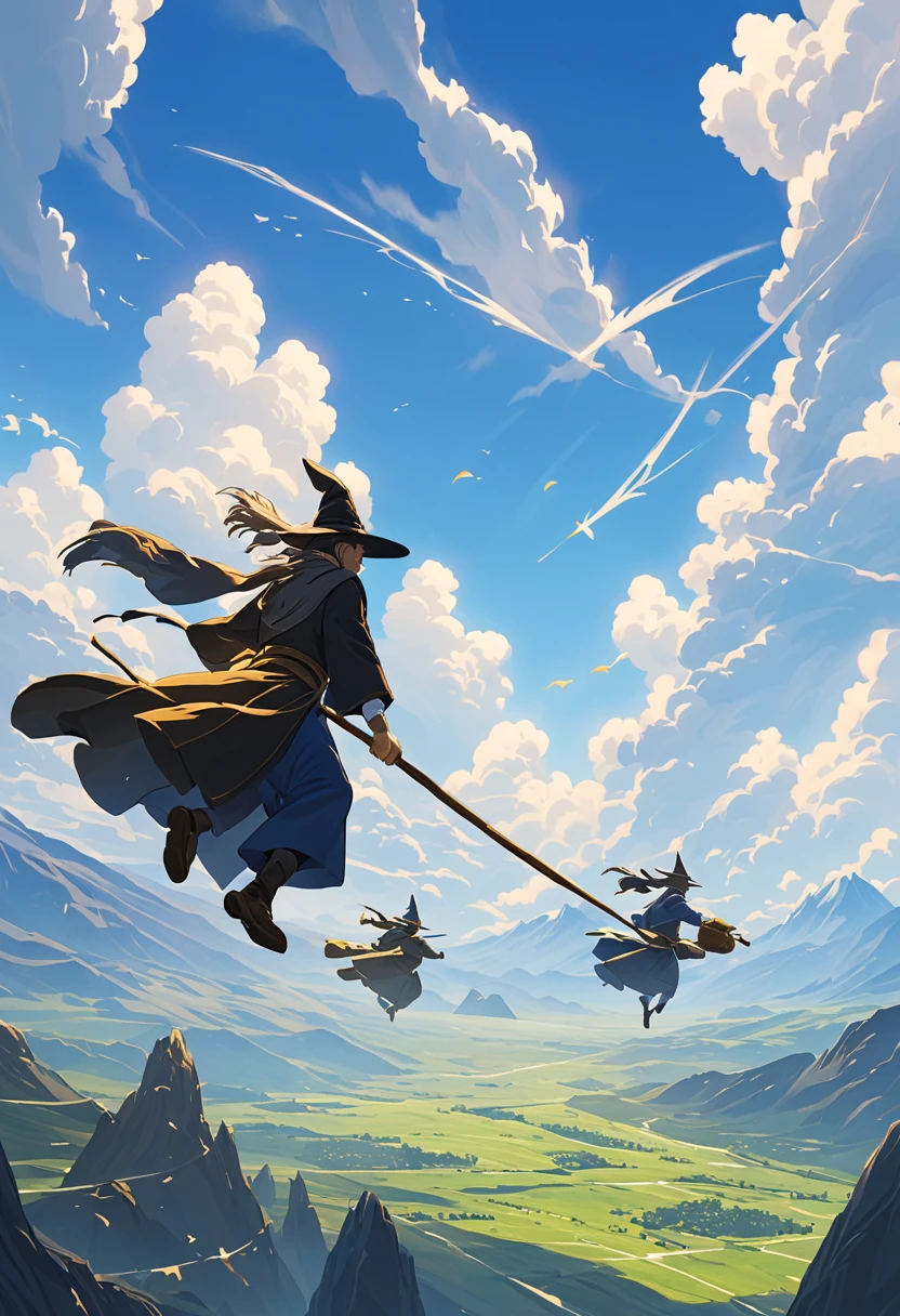flying broomstick competition.on a bright afternoon,Several wizards compete on broomsticks under the blue sky。They shuttle among the clouds,intense competition,chasing each other。The background is a vast sky and distant mountains,Gives people a feeling of flying。(best quality,4K,8k,high resolution,masterpiece:1.2),super detailed.Focus on Wizard Flight.Sprint effect performance