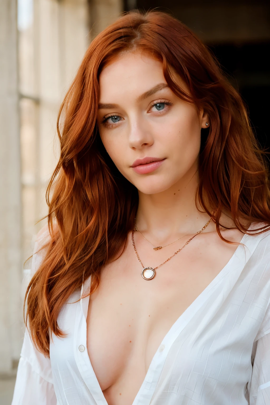 A young redhead woman wearing a necklace with long red hair and blue eyes, in the style of Precisionista, wavy, Textural layering, light amber and pink, cotton olive, Flattering lighting, effortless chic
