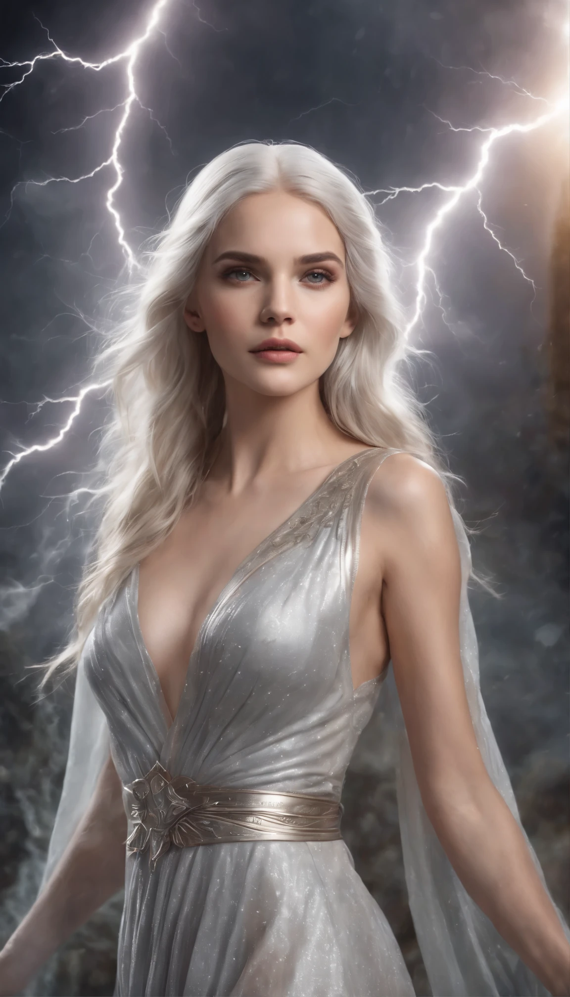A young beautiful woman, goddess of lightning, long wet silver hair, perfect body, perfect round breast, soft and attractive, wearing ancient styled silver peplos dress, standing and starring, lightning flashing around her, high resolution, fantasy photo, vivid, medium closed up view, Enter a captivating scene, How energetic lightning particles ignite the air around you, Creates a stunningly dynamic atmosphere. Creative lighting styles bathed in brilliant light, lightning light, Harmonizes with rotating lightning flashes . Crafted with meticulous precision,Render in stunning 10k high resolution, This masterpiece incorporates the artistic medium of digital illustration, Mystical realism, and contemporary surrealism, The ethereal beauty of lightning flashes , lightning sparks enhance the sense of magic and wonder.