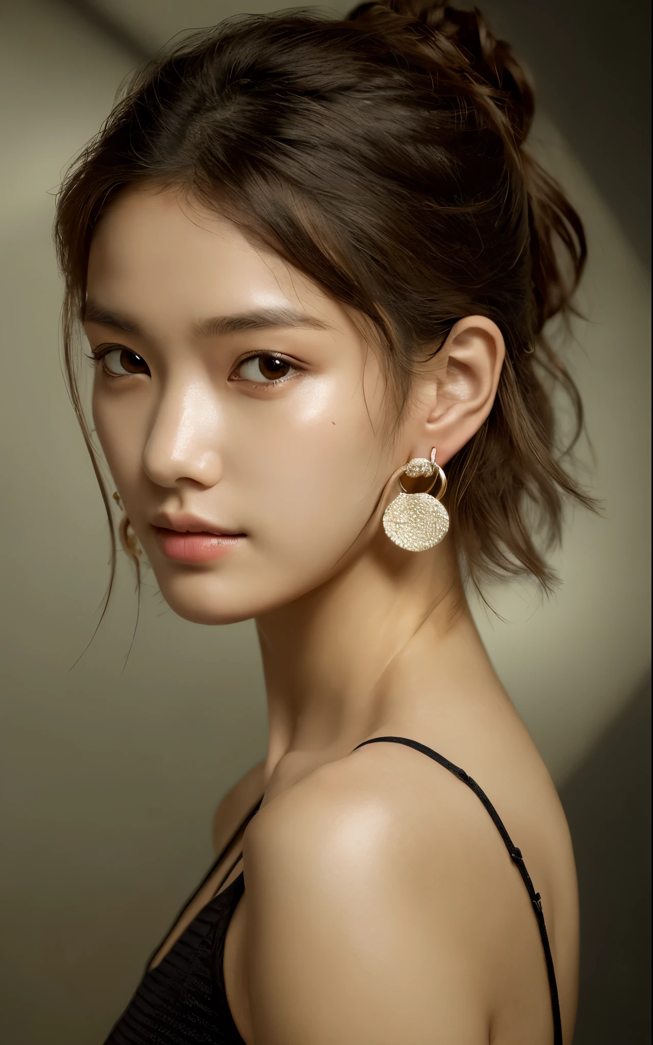 highest quality, Like a real photo、alone, 1 girl, glowing skin, hoop earrings, glamorous, quirky details, dry hair, short hair、fascinating, bare shoulders, long pants, shallow depth of field, contrasting, professional model, facing the front, portrait, so that the whole head is visible, high nose, blurry, masterpiece, textured skin, high details, UHD, textured skin, best quality, 16k, anatomically correct, award winning