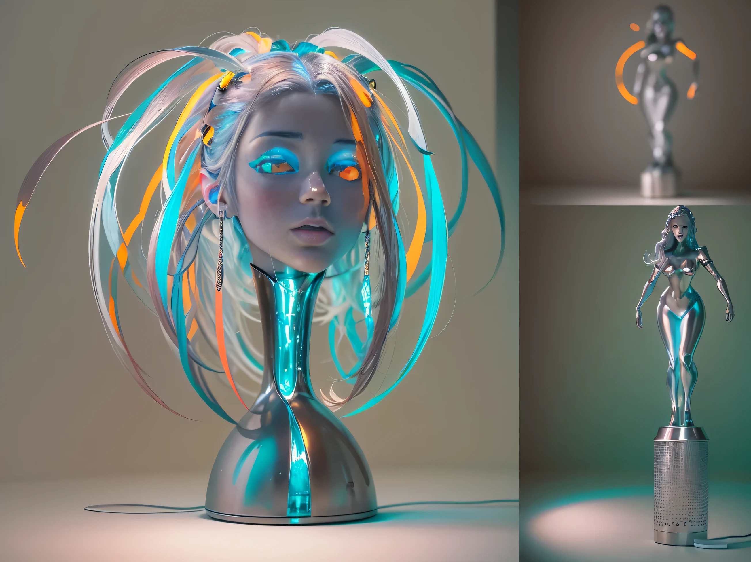 Nothing like a modern headlamp of the sculptural goddess Medusa, cuyos ojos naranjas lo iluminan todo.. modern design lamp in stainless steel that illuminates a large part of the head of the standing goddess Medusa to brighten your day... The perfect and symmetrical eyes of the jellyfish are the ones that illuminate everything in blue with touches of bright neon fuchsia.. Philippe Starck style design lamp, Foto realista., High Definition, captura la imagen con una Leica O-Series No. 105.