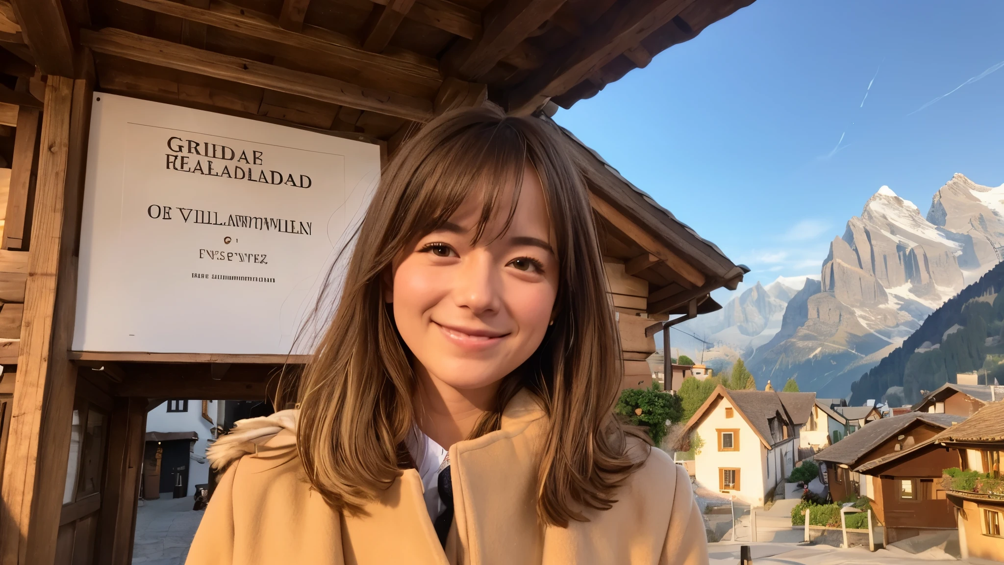 Instagram pictures, 1 French girl, Shoulder length hair, Has light blonde hair, Close-up photo, coat, The background is the village of Grindelwald....., Switzerland, smile a little,