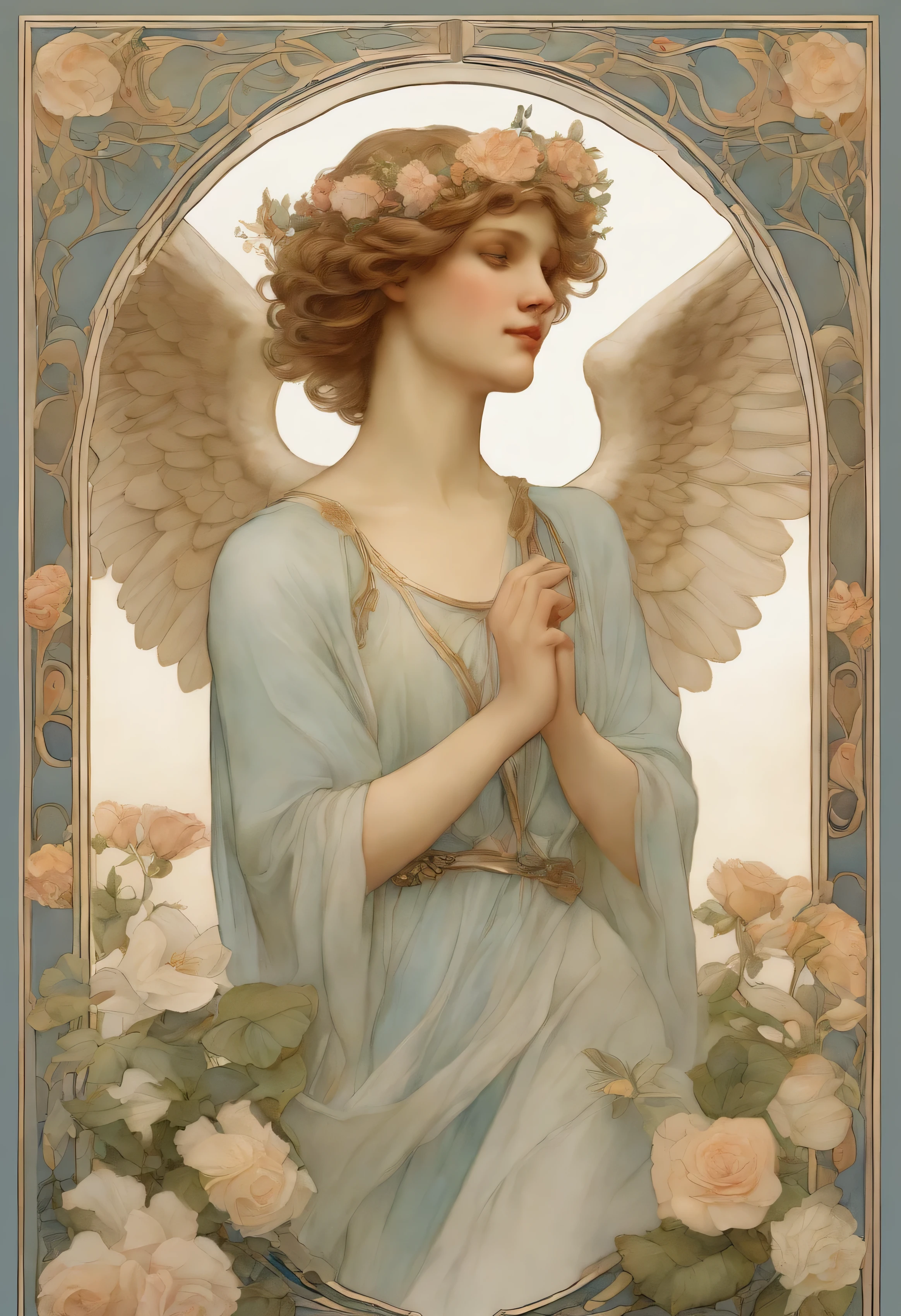 A highly defined super detailed watercolor painting, an angel, male figure, short hair, soft gaze, smile, flower, detailed cover art, with wings, Halo of Holiness, picking roses, In the style of Alphonse Maria Mucha and Gustave Kilmut, Accents Art Nouveau, Alphonse Mucha, Gustavo Klimt, pale bluish skin, a marble sculpture, CGSesociedade, Gothic art, Art Nouveau, Behance contest winner