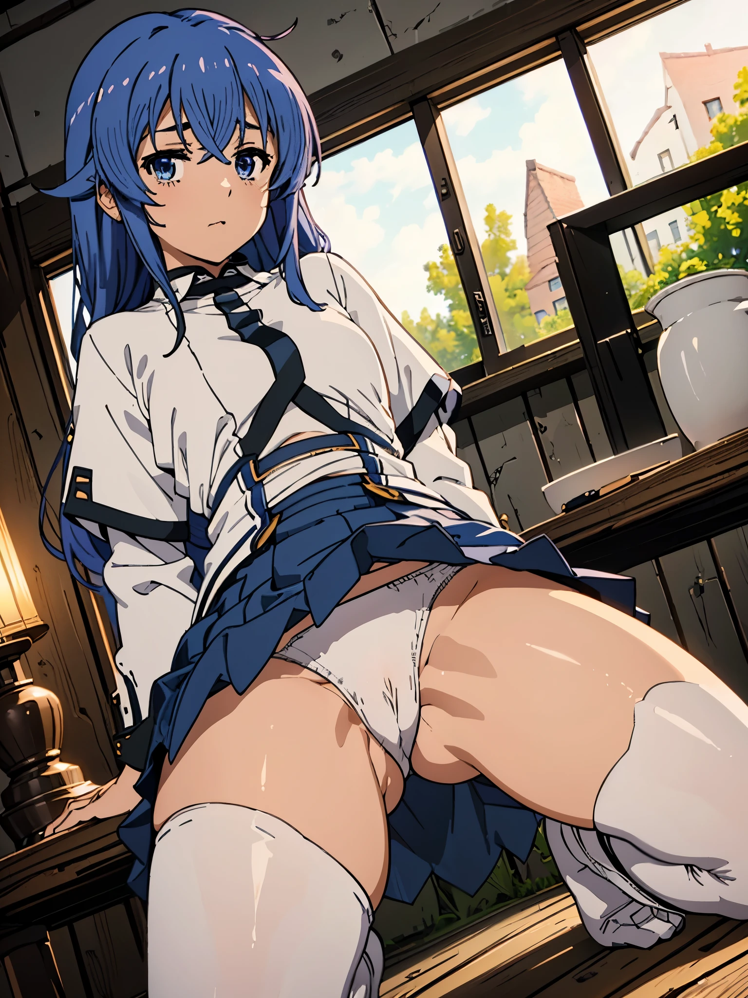 ((table top、highest quality、High resolution、perfect pixel、8K))、(1girl)、solo、beautiful anime girl、beautiful art style、Roxy_Migurdia(mushoku tensei)、blue eyes、Crimson blue hair、small breasts、(half naked)、(underwear)、(Calm)、(())、(excited)、cheeks are red、looking at the viewer、dynamic angle、(Low - Angle)、(lower body)、((Sexy))、bed in the room at night、Body shiny with oil、((thighs open、spread your legs、Lying、squat、I can see the white pants.、白いunderwearの股布が見えるように描く、Skirt flip))、put your hands behind your back、towards the wall、beautiful thighs、(white pants visible from the skirt)、White panties in full view、(Show off her white panties)、Angle from feet、angle from below、Angle looking up from below、Crotch show off、(lewd girl:1.3)、