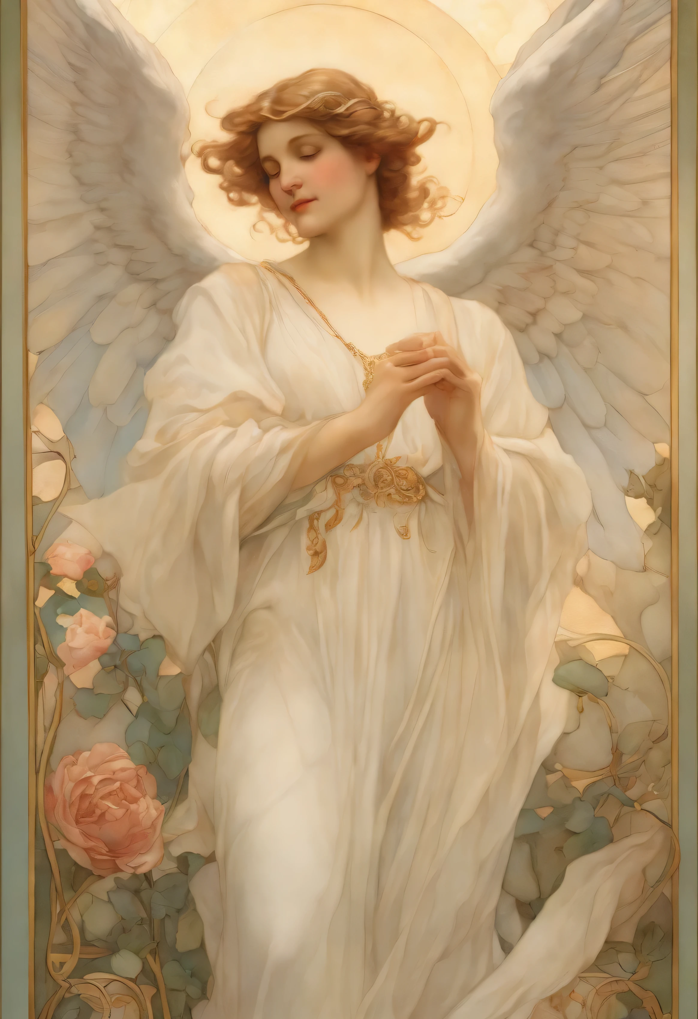 A highly defined super detailed watercolor painting, an angel, male figure, short hair, soft gaze, smile, flower, detailed cover art, with wings, Halo of Holiness, picking roses, In the style of Alphonse Maria Mucha and Gustave Kilmut, Accents Art Nouveau, Alphonse Mucha, Gustavo Klimt, pale bluish skin, a marble sculpture, CGSesociedade, Gothic art, Art Nouveau, Behance contest winner