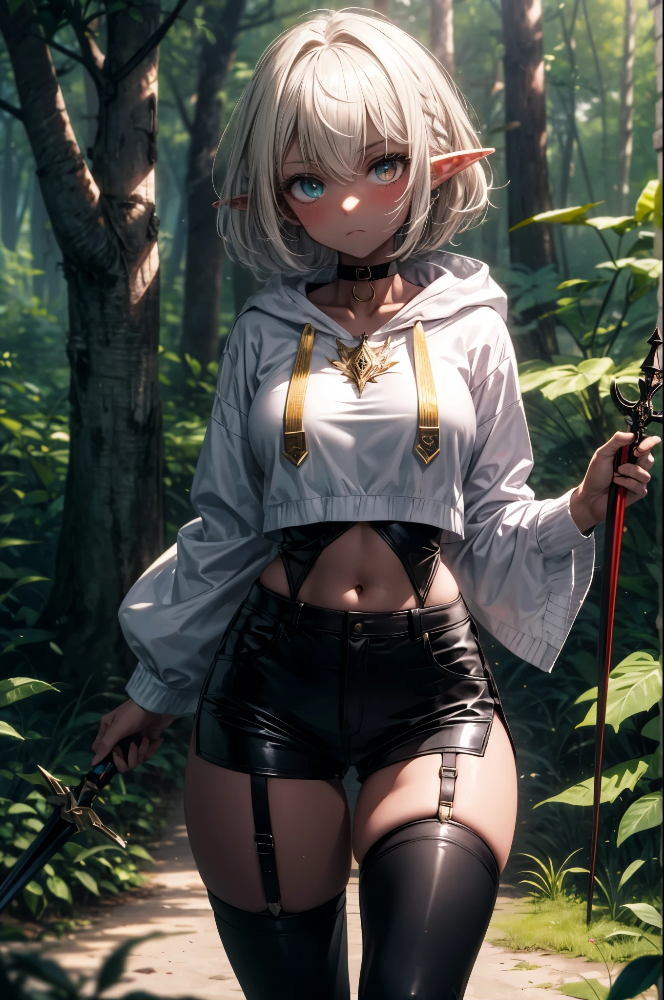 Solo, 1Girl, Elf Girl, White Fluffy Wavy Hair, Pixie Cut Hair, Small Braids on Side of Hair, on Top of Head, Heterochromia Eyes: Red Left Eye and Golden Right Eye, Long Elvish Ears, Brown Skin Tone, Slim Small Breasts, Slender Toned Body, Narrow Waist, Wide Hips, Big Shapely Ass, Thick Squishy Thighs, Leather Light Armor, Golden Accessories, Black Choker, White Hoodie, Black Shorts, Fancy Garter Belts, Holding Dagger, Standing in A Forest, Furrowed Eyebrows, Stoic Expression, No Smile, Masterpiece, 4K Resolution