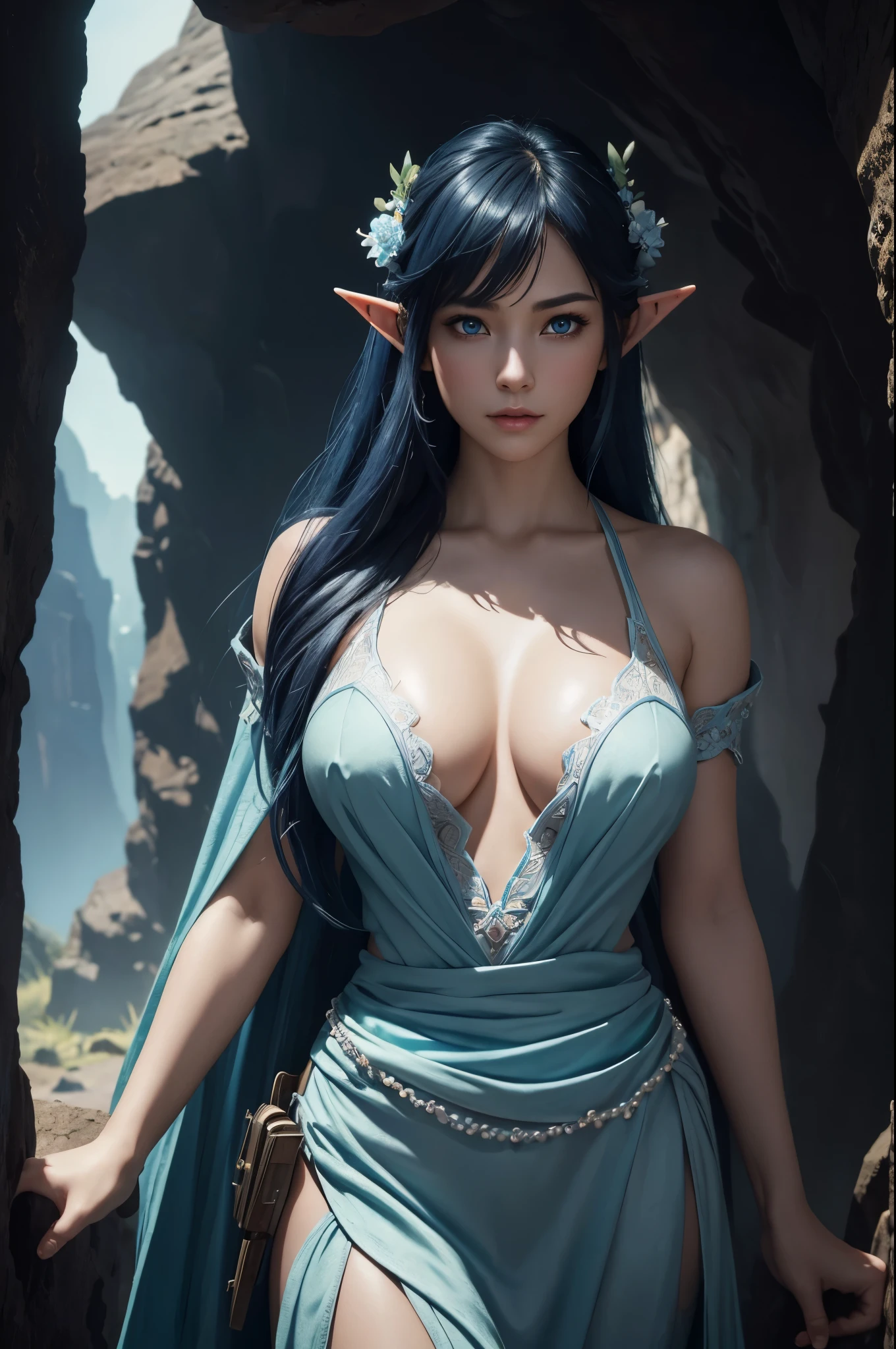 8K、非常に大きな胸を持つdark elf、Super beautiful(like the real thing)、日焼けしたrealistic skin、elf ears,gorgeous blue and white dress、Model Chute Style、(Highly detailed CG Unity 8K wallpaper)、Full shot body photos of the most beautiful artwork in the world、Front 4 poses、dark elf、blue hair、Green Valley、blue and white long skirt、pearl skin、diamond、Medieval architecture、Ed Brink、Atei Gairan、Studio Ghibli、Jeremy Mann、greg manches、Antonio Moro、Trending at Art Station、CG trends、 crowded、、down to the last detail、sharp focus、Dramatic and photorealistic painting art by Midjourney and Greg Rutkowski、sexy costume、very big breasts、blue eyes、beholder、beautiful expression、emphasize cleavage、beautiful decoration、laughter,inside the cave,Photorealistic RAW photos of the highest quality。bright colors,rich colors, Backlight, cinematic lighting, film grain, to be born, 50mm lens, Nikon D850,realistic skin,fantasy art,character art,ultra high resolution,realistic skin,