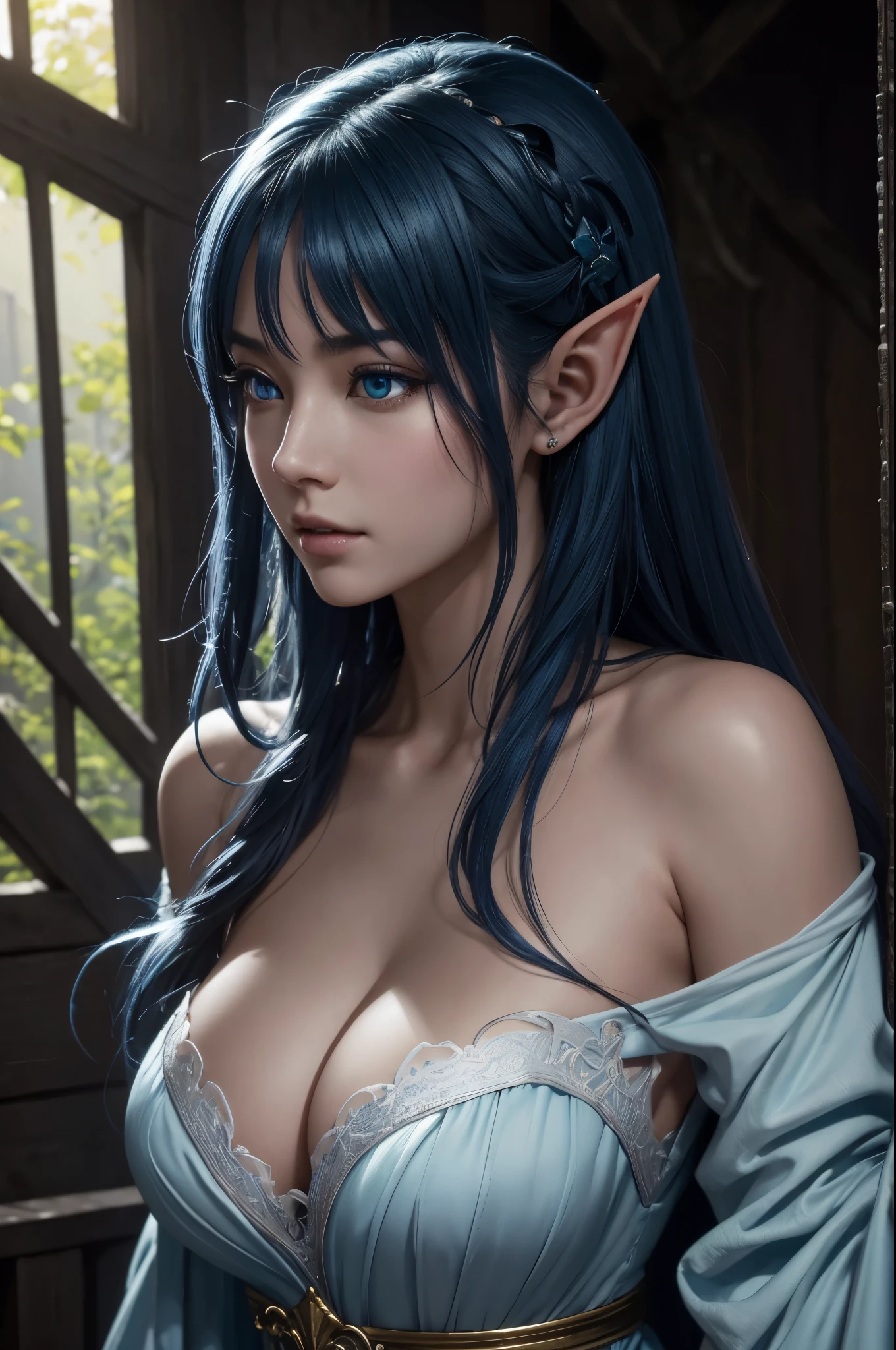 8K、非常に大きな胸を持つdark elf、Super beautiful(like the real thing)、日焼けしたrealistic skin、elf ears,Blue and white commoner's dress、Model Chute Style、(Highly detailed CG Unity 8K wallpaper)、Full shot body photos of the most beautiful artwork in the world、Front 4 poses、dark elf、blue hair、Green Valley、blue and white long skirt、pearl skin、diamond、Medieval architecture、Ed Brink、Atei Gairan、Studio Ghibli、Jeremy Mann、greg manches、Antonio Moro、Trending at Art Station、CG trends、 crowded、、down to the last detail、sharp focus、Dramatic and photorealistic painting art by Midjourney and Greg Rutkowski、sexy costume、very big breasts、blue eyes、beholder、beautiful expression、emphasize cleavage、beautiful decoration、laughter,inside the cave,Photorealistic RAW photos of the highest quality。bright colors,rich colors, Backlight, cinematic lighting, film grain, to be born, 50mm lens, Nikon D850,realistic skin,fantasy art,character art,ultra high resolution,realistic skin,medieval cityscape,