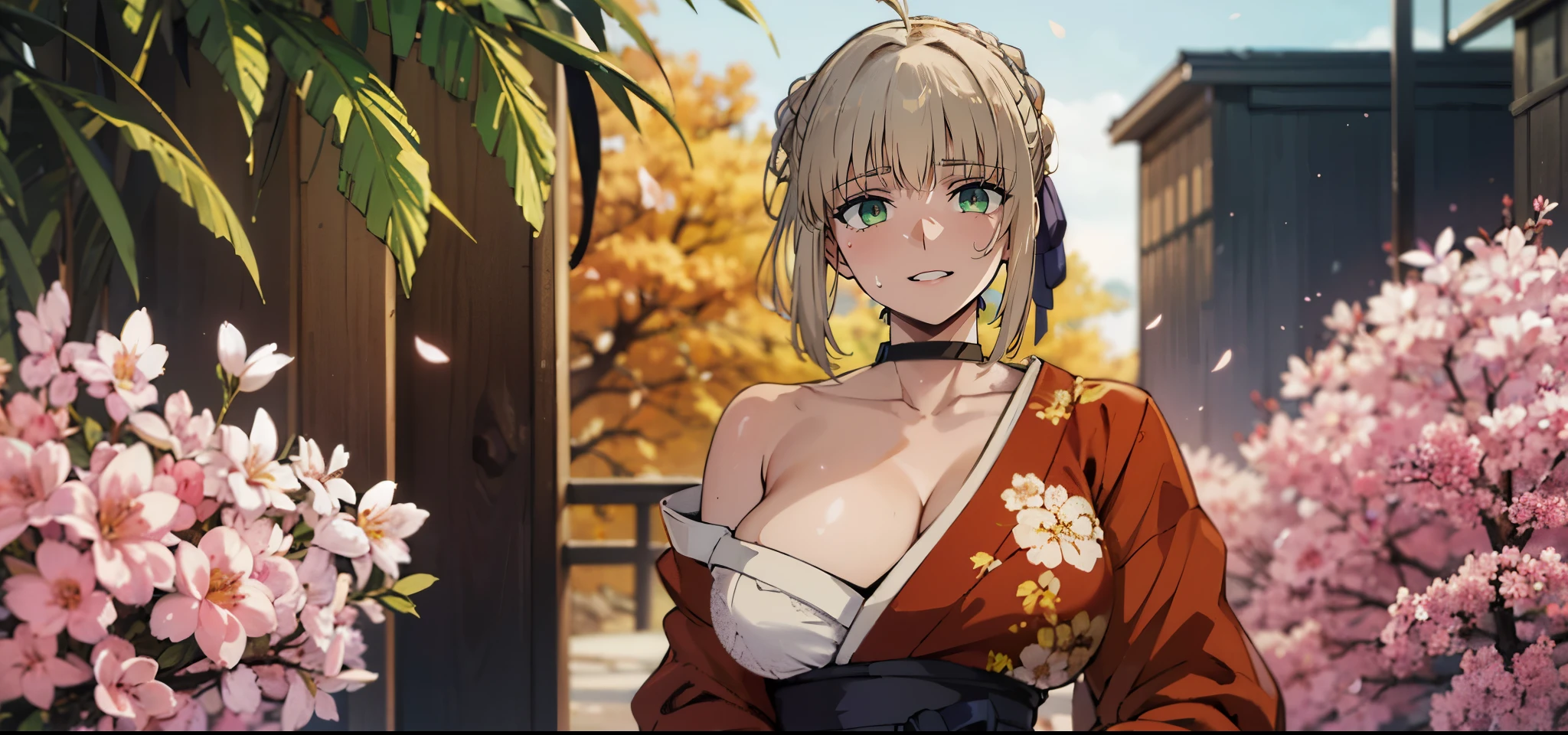 phSaber, blonde hair, modern decor,cozy atmosphere,relaxing vibes,urban backdrop,dreamy ambiance, huge breast, hair ornament, magical aura, enchanting beauty, mystical setting, enchanting artwork, intricate details.1girl, cherry_blossoms, breasts, solo, petals, japanese_clothes, kimono, collarbone, bare_shoulders, twin_braids, lips, cleavage, looking_at_viewer, flower, hair_ornament, makeup, floral_print, upper_body, large_breasts, sweating, 