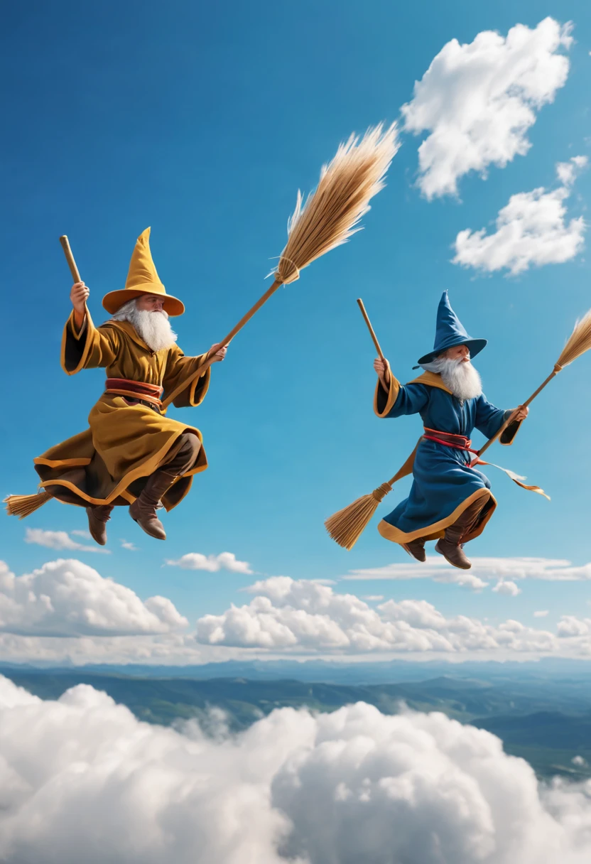 The witch and the black cat are flying on broomsticks.flying broomstick competition.on a bright afternoon，Many young witches under the blue sky.Race on a broomstick。(Focus on witch flying.Sprint effect performance)They shuttle among the clouds，intense competition，chasing each other。The background is a vast sky and distant mountains，Gives people a feeling of flying in the clouds。(best quality,4K,8k,high resolution,masterpiece:1.2),super detailed.Focus on witch flying.Sprint effect performance.Magic academy as background