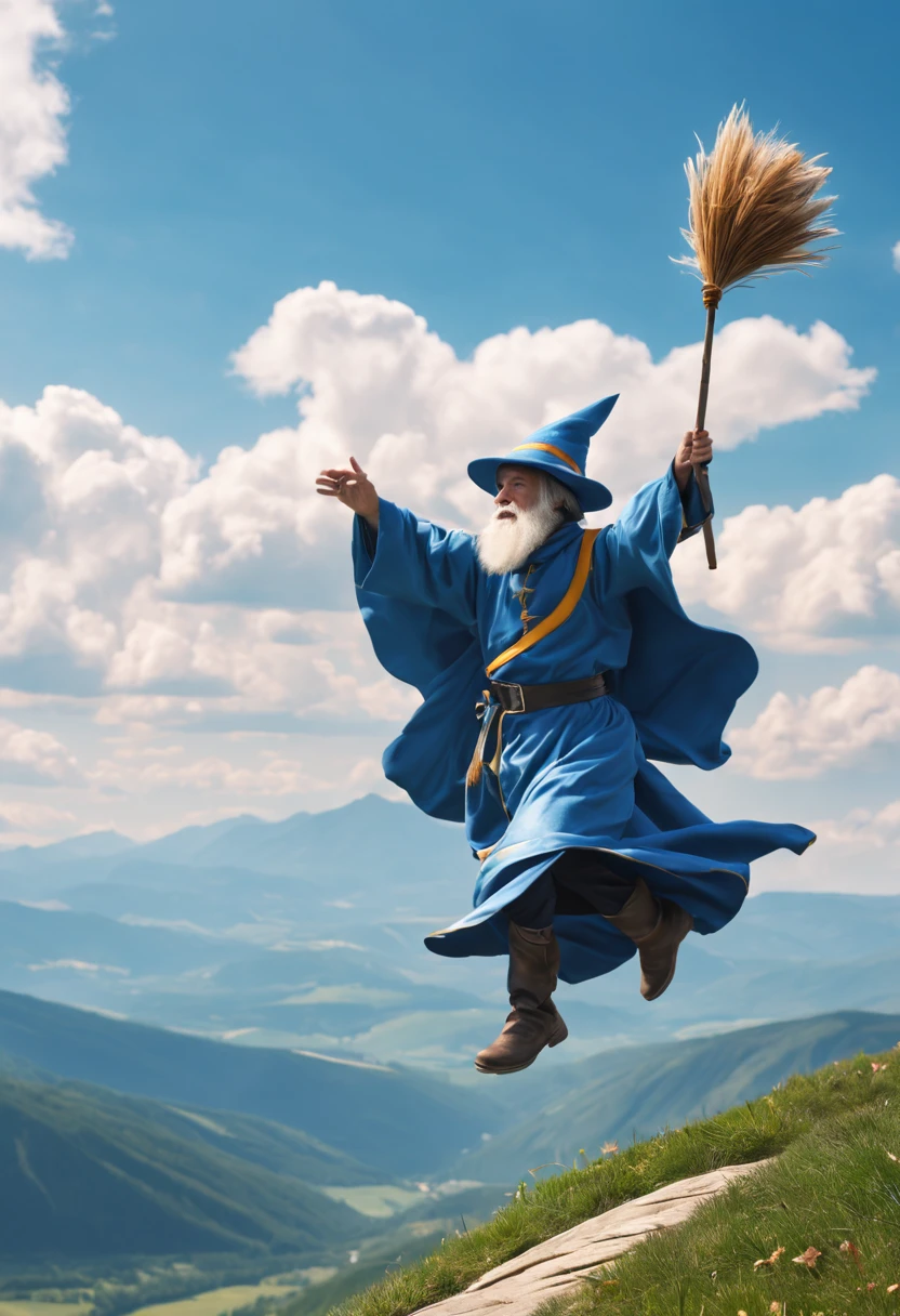 The witch and the black cat are flying on broomsticks.flying broomstick competition.on a bright afternoon，Many young witches under the blue sky.Race on a broomstick。(Focus on witch flying.Sprint effect performance)They shuttle among the clouds，intense competition，chasing each other。The background is a vast sky and distant mountains，Gives people a feeling of flying in the clouds。(best quality,4K,8k,high resolution,masterpiece:1.2),super detailed.Focus on witch flying.Sprint effect performance.Magic academy as background
