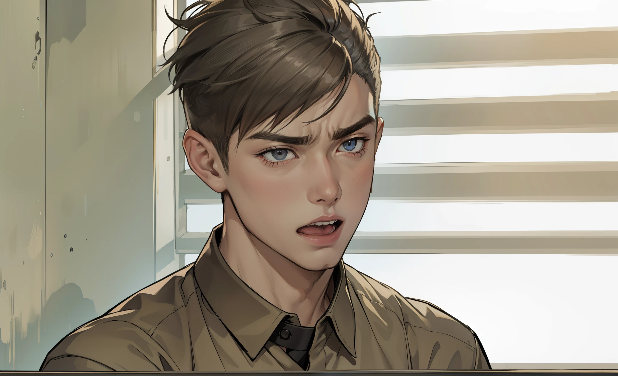There is a handsome 17-year-old boy who is upset and screams with his mouth open.