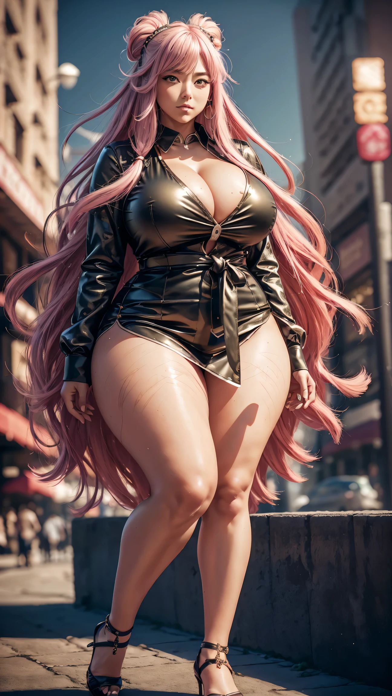 (8k, RAW photo, best quality, masterpiece:1.2), (realistic:1.3), (photorealistic:1.3), ultra-detailed, (high detailed skin:1.2), 8k uhd, dslr, soft lighting, high quality, film grain, Fujifilm XT3, best quality, beautiful lighting, 1girl, long hair, side_swept_hair, ((pink hair)), pink eyes, normal ears, smug, full body, bbw, hugebreasts, exposed cleavage, outdoor, city, posing, night, thick thighs, nice legs, beautiful legs, shiny legs, teasing with legs, no skirt, black shirt, open shirt, business woman, white shirt, tie, knee, spread the legs