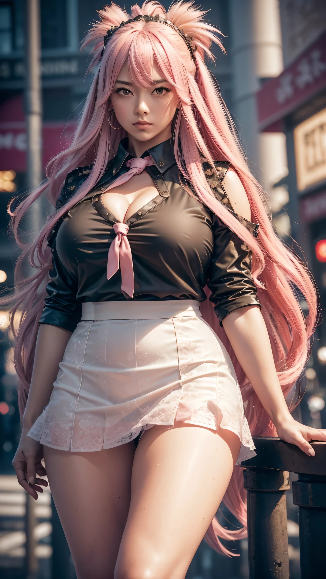 (8k, RAW photo, best quality, masterpiece:1.2), (realistic:1.3), (photorealistic:1.3), ultra-detailed, (high detailed skin:1.2), 8k uhd, dslr, soft lighting, high quality, film grain, Fujifilm XT3, best quality, beautiful lighting, 1girl, long hair, side_swept_hair, ((pink hair)), pink eyes, normal ears, smug, full body, bbw, hugebreasts, exposed cleavage, outdoor, city, posing, night, thick thighs, nice legs, beautiful legs, shiny legs, teasing with legs, no skirt, black shirt, open shirt, business woman, white shirt, tie, knee, spread the legs