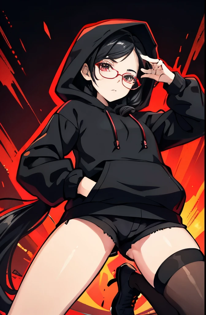 best quality, expressive eyes, perfect face, small shorts, sleek legs, black hoodie, hood over head, hood raised, black hair, pigtail braids, messy hair, glasses, glowing eyes, red eyes, side glance, hands in pockets, gothic sweater, goth, demon, demonic, demon-like features, beautiful face, crazed eyes, Yandere, insane, dangerous looking,