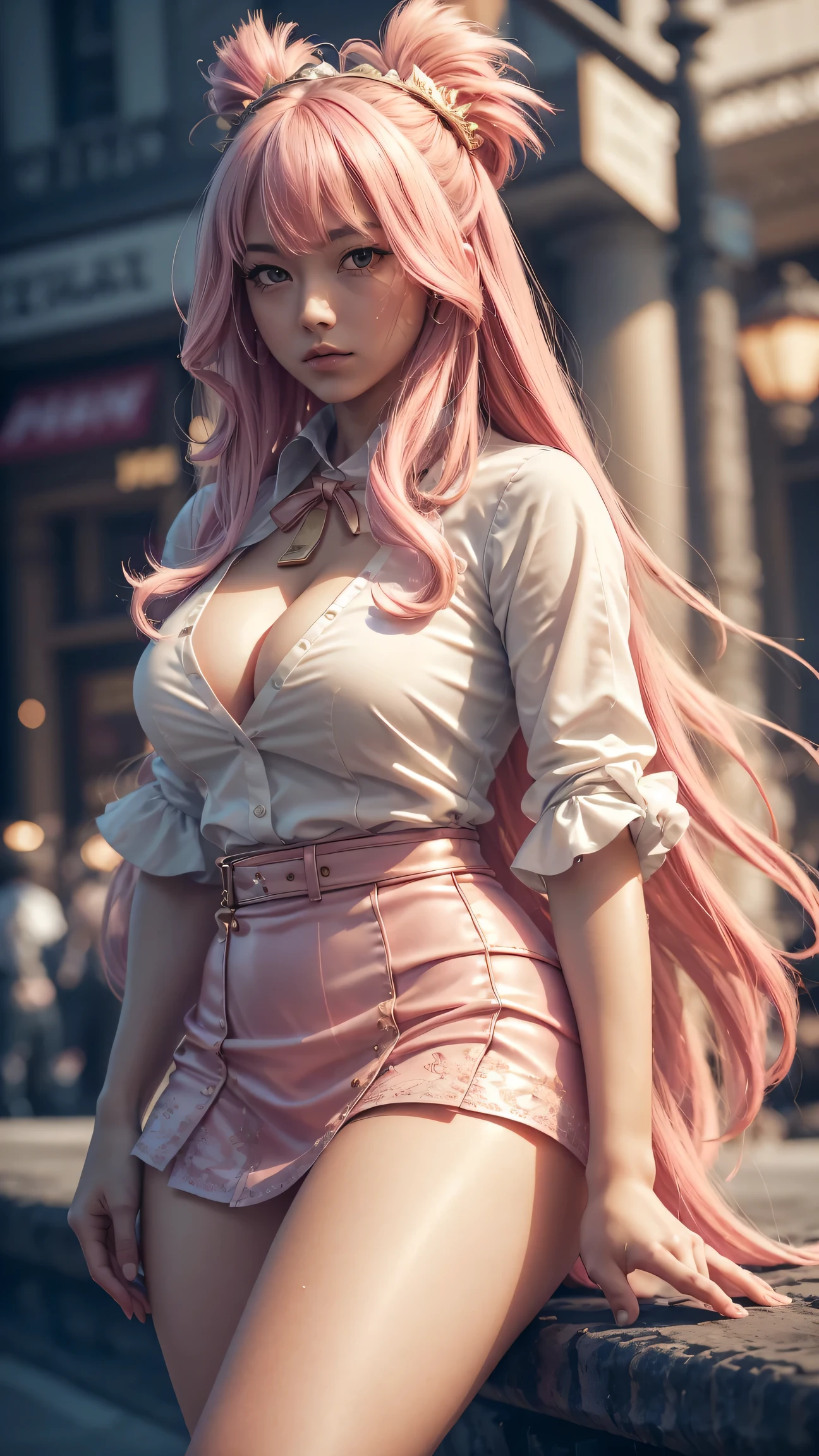 (8k, RAW photo, best quality, masterpiece:1.2), (realistic:1.3), (photorealistic:1.3), ultra-detailed, (high detailed skin:1.2), 8k uhd, dslr, soft lighting, high quality, film grain, Fujifilm XT3, best quality, beautiful lighting, 1girl, long hair, side_swept_hair, ((pink hair)), pink eyes, normal ears, smug, full body, hugebreasts, exposed cleavage, outdoor, city, posing, night, thick thighs, nice legs, beautiful legs, shiny legs, teasing with legs, no skirt, open shirt, business woman, white shirt, tie, knee, spread the legs, tall, long legs