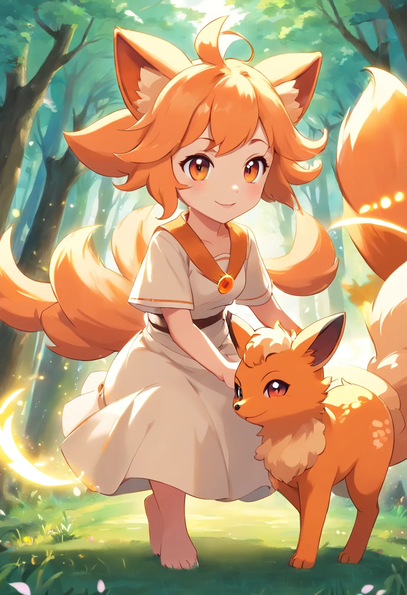 1 girl paying with Vulpix, Vulpix is playful and cute,Liveliness and agility,orange soft hairs,sparkling big eyes,fox ears, Cute little 。(vulpix:1.5)