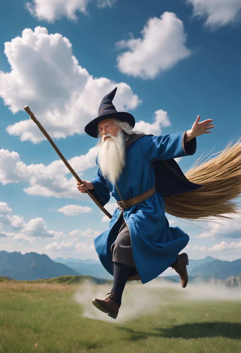 The witch and the black cat are flying on broomsticks.flying broomstick competition.on a bright afternoon，Many young witches under the blue sky.Race on a broomstick。(Focus on witch flying.Sprint effect performance)They shuttle among the clouds，intense competition，chasing each other。The background is a vast sky and distant mountains，Gives people a feeling of flying in the clouds。(best quality,4K,8k,high resolution,masterpiece:1.2),super detailed.Focus on witch flying.Sprint effect performance.Magic academy as background