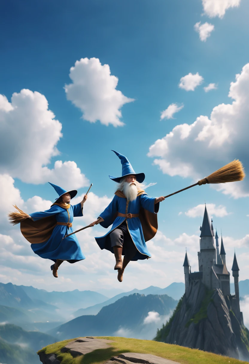 flying broomstick competition.on a bright afternoon，Young wizards under the blue sky.Race on a broomstick。(Focus on Wizard Flight.Sprint effect performance)They shuttle among the clouds，intense competition，chasing each other。The background is a vast sky and distant mountains，Gives people a feeling of flying in the clouds。(best quality,4K,8k,high resolution,masterpiece:1.2),super detailed.Focus on Wizard Flight.Sprint effect performance.Magic academy as background
