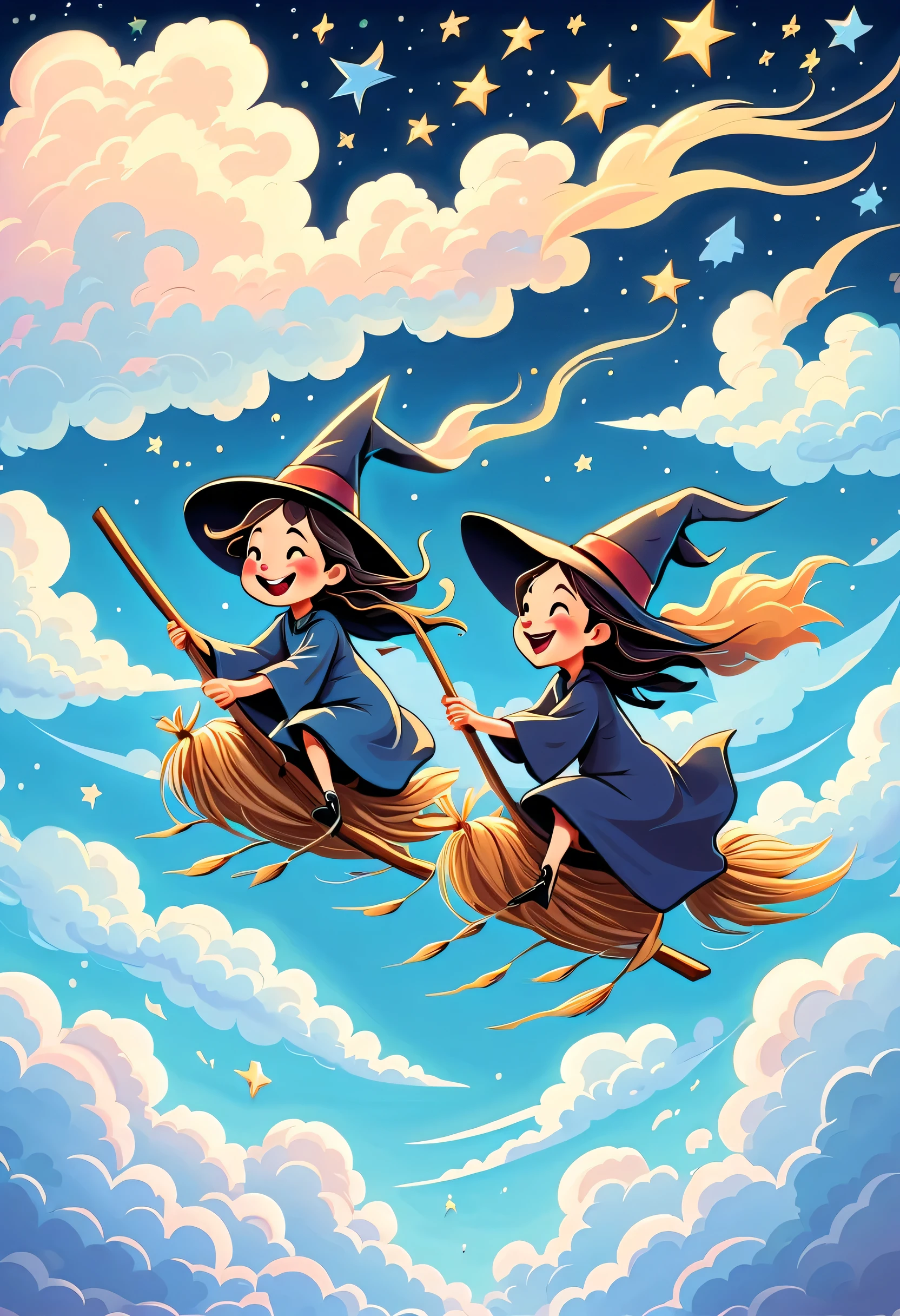 Healing department,a cartoon illustration:in the sky,(Two witches riding broomsticks,Rapidly,quickly,strength,wind,Happy flying),laughing out loud,air racing,fluffy clouds,Rear view,glistening stars,dreamy blue sky,guweiz艺术wind格