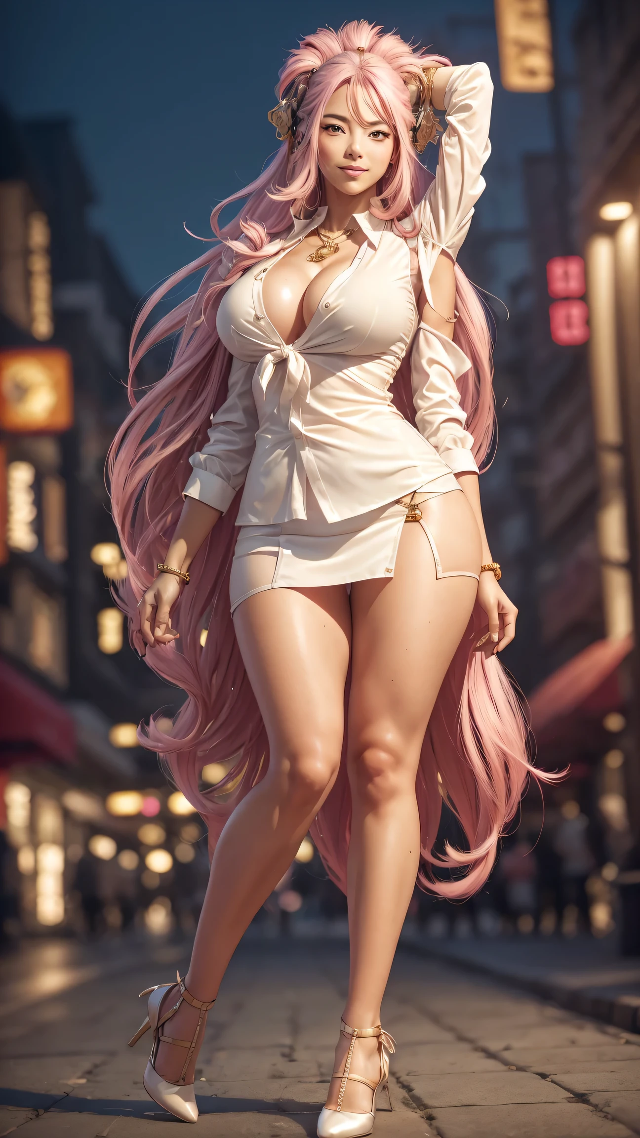 (8k, RAW photo, best quality, masterpiece:1.2), (realistic:1.3), (photorealistic:1.3), ultra-detailed, (high detailed skin:1.2), 8k uhd, dslr, soft lighting, high quality, film grain, smiling, sunglasses, Fujifilm XT3, best quality, beautiful lighting, 1girl, long hair, side_swept_hair, ((pink hair)), pink eyes, normal ears, smug, full body, hugebreasts, exposed cleavage, outdoor, city, posing, night, thick thighs, nice legs, beautiful legs, shiny legs, teasing with legs, no skirt, open shirt, business woman, white shirt, tie, knee, spread the legs, tall, long legs