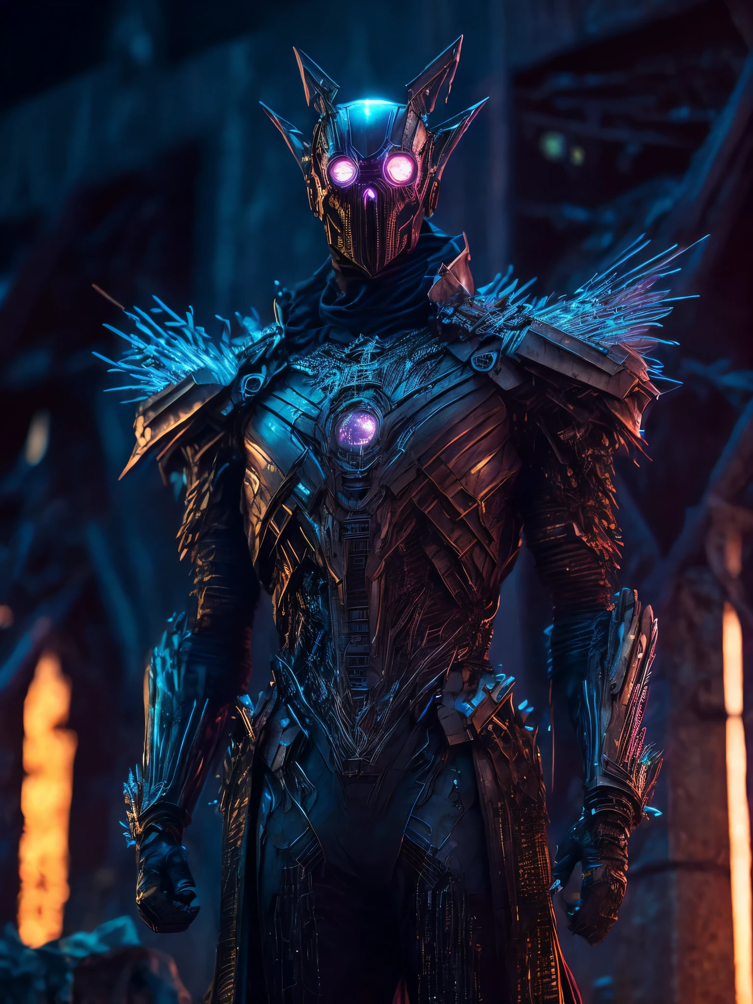 Full body Grim portrait of the Marvel scarecrow made of metal with intricate angular cybernetic implants inside a brutalist building, gothic brutalist graveyard, cyberpunk, Foto premiada, Bokeh, Neon lights, cybernetic, fireworks in the background.
