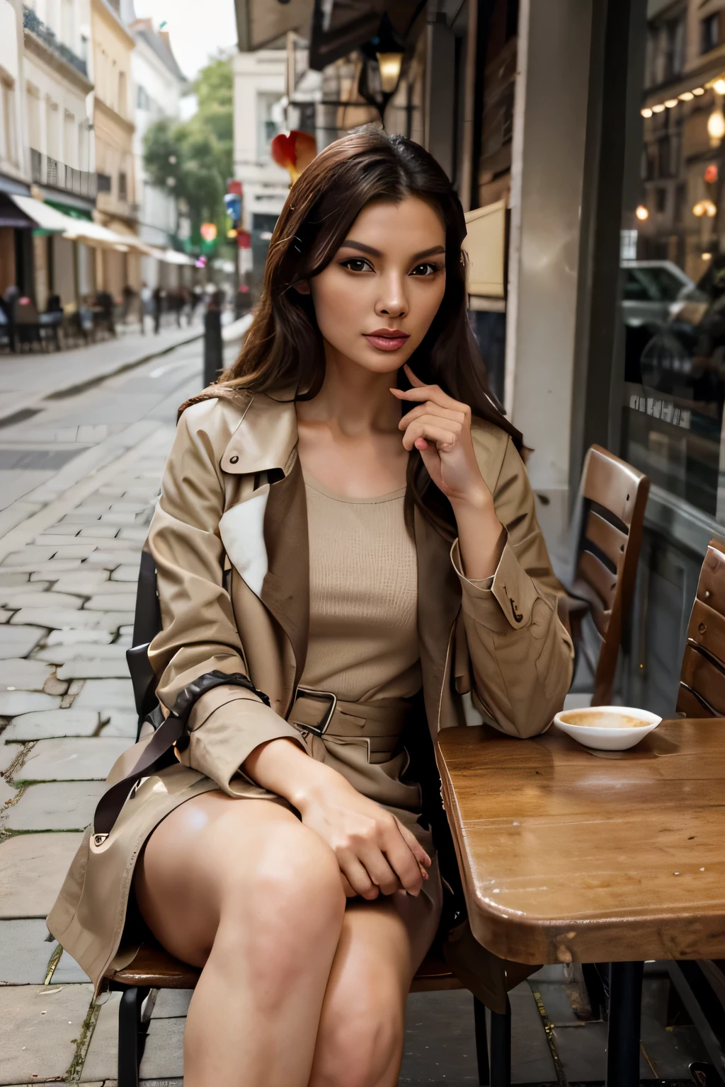 8K, Chinese, looks like Linda Evangelista, loose hair, high forehead, looks straight at us, narrow very small eyes, Small nose, Very thin face, sharp cheekbones, full lips, Bow shaped lips, thin neck, dressed in old money style, beige trench coat, Sitting in a street café, there is a cup of coffee and a croissant on the table, one hand rests on her legs, the other hand is on the table, Realistic quality, realistic french street cafe, cafe furniture looks detailed. Excellent image performance, super realism
