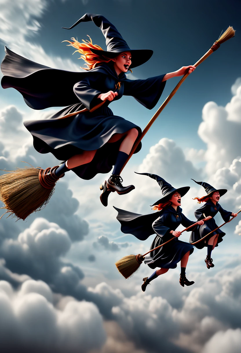 Several witches on broom Flying, Flying Broomstick Race, chasing Race In a hurry, shuttle among the clouds, high altitude, (Motion Blur, best composition), (best quality, masterpiece, Representative work, official art, Professional, Ultra high detail, 8k:1.3)