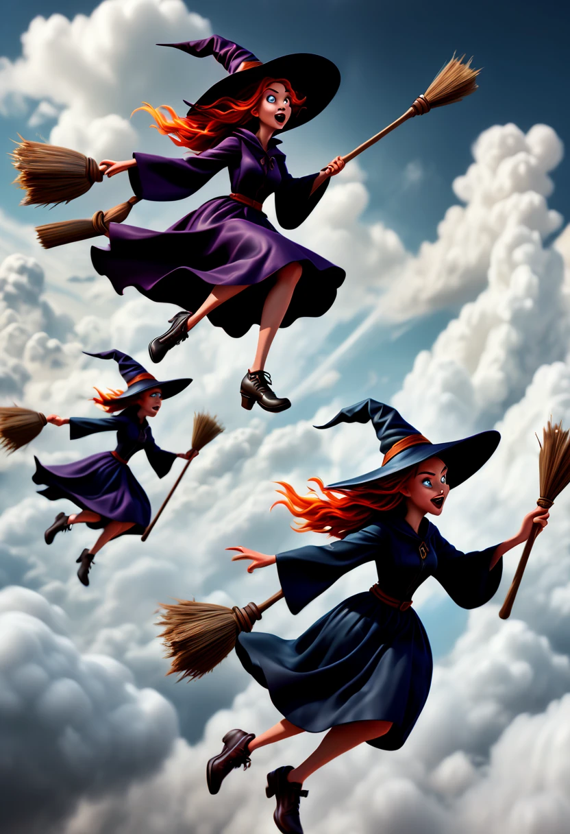 Several witches on broom Flying, Flying Broomstick Race, chasing Race In a hurry, shuttle among the clouds, high altitude, (Motion Blur, best composition), (best quality, masterpiece, Representative work, official art, Professional, Ultra high detail, 8k:1.3)