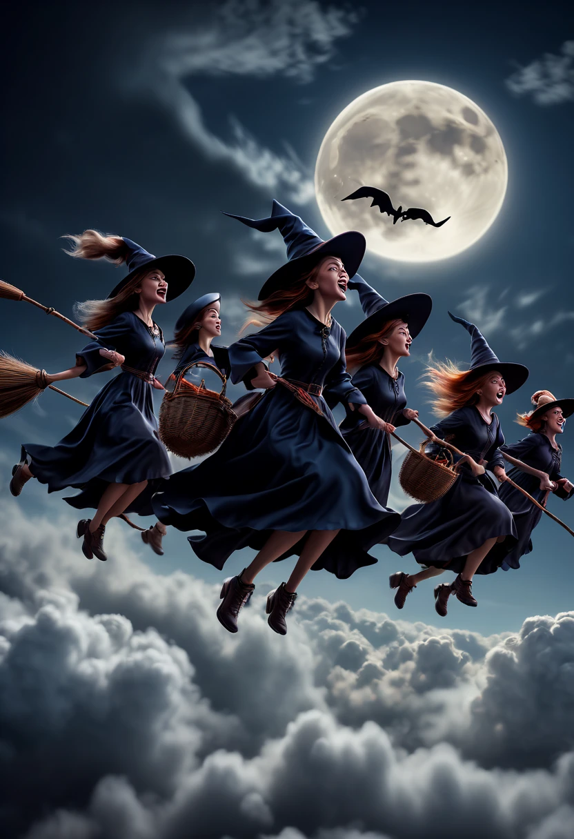 "Room on the Broom", Flying Broomstick, chasing Race, among the clouds, high altitude, (Motion Blur, best composition), (best quality, masterpiece, Representative work, official art, Professional, Ultra high detail, 8k:1.3)