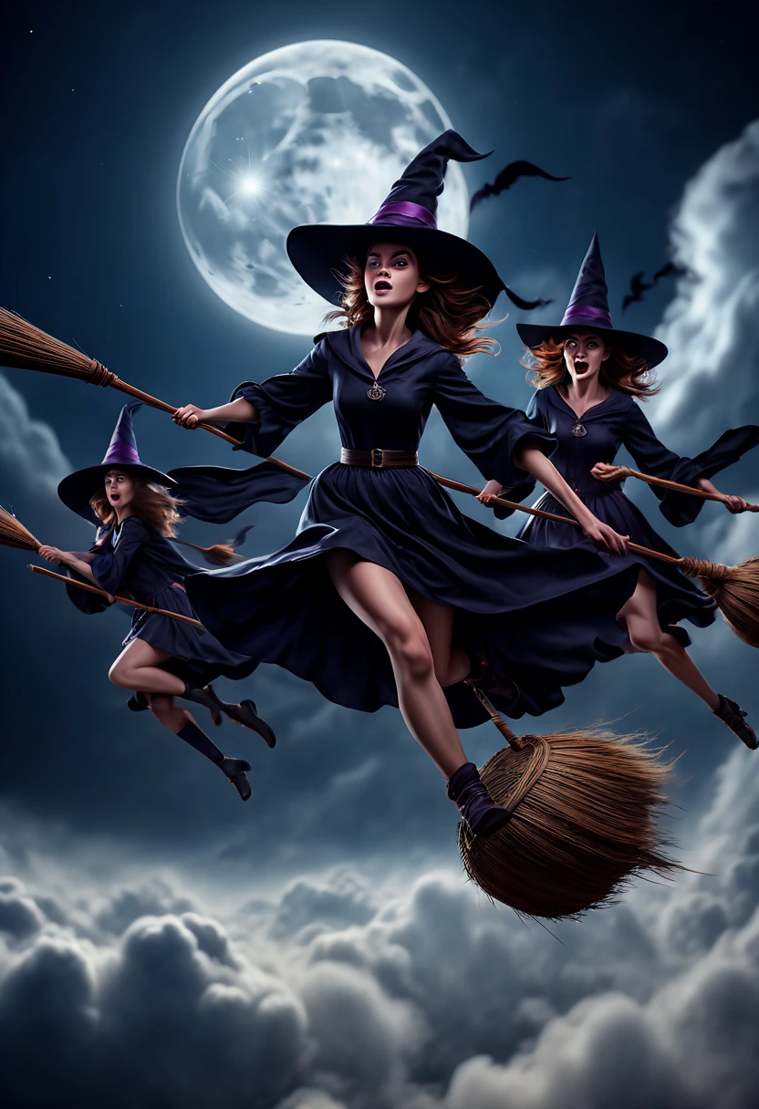 "Room on the Broom", Flying Broomstick, chasing Race, among the clouds, high altitude, (Motion Blur, best composition), (best quality, masterpiece, Representative work, official art, Professional, Ultra high detail, 8k:1.3)