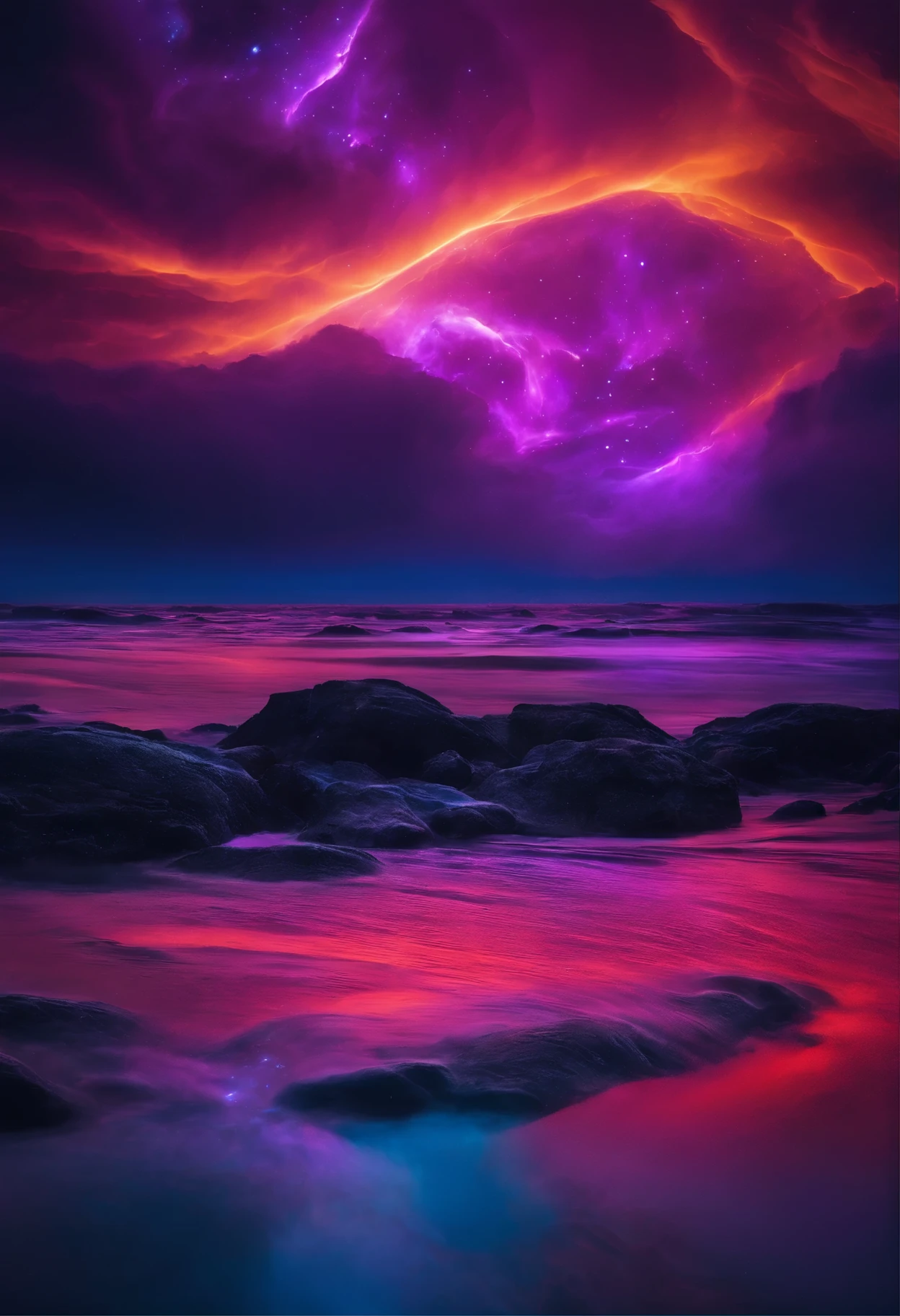 nebulosa en el espacio unicamente con gama de colores violeta neon y un poco de cian neon, con forma abstracta, que la imagen sea satisfactoria y relajante visualmente