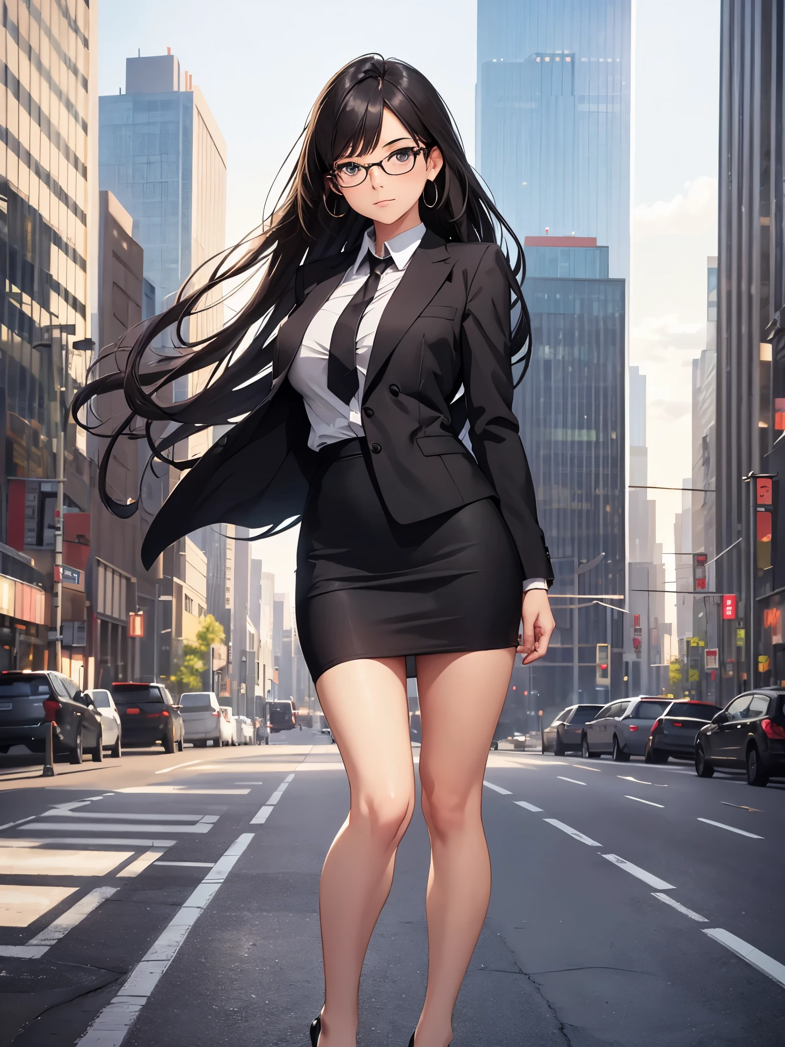 1girl, medium breasts, bare legs, shoes, shoes, city backdrop, solo, single, standing, full body shot, cowboy shot, beautiful detailed eyes, mature lady, glasses, office lady, suit, pencil skirt, miniskirt, black hair, long hair