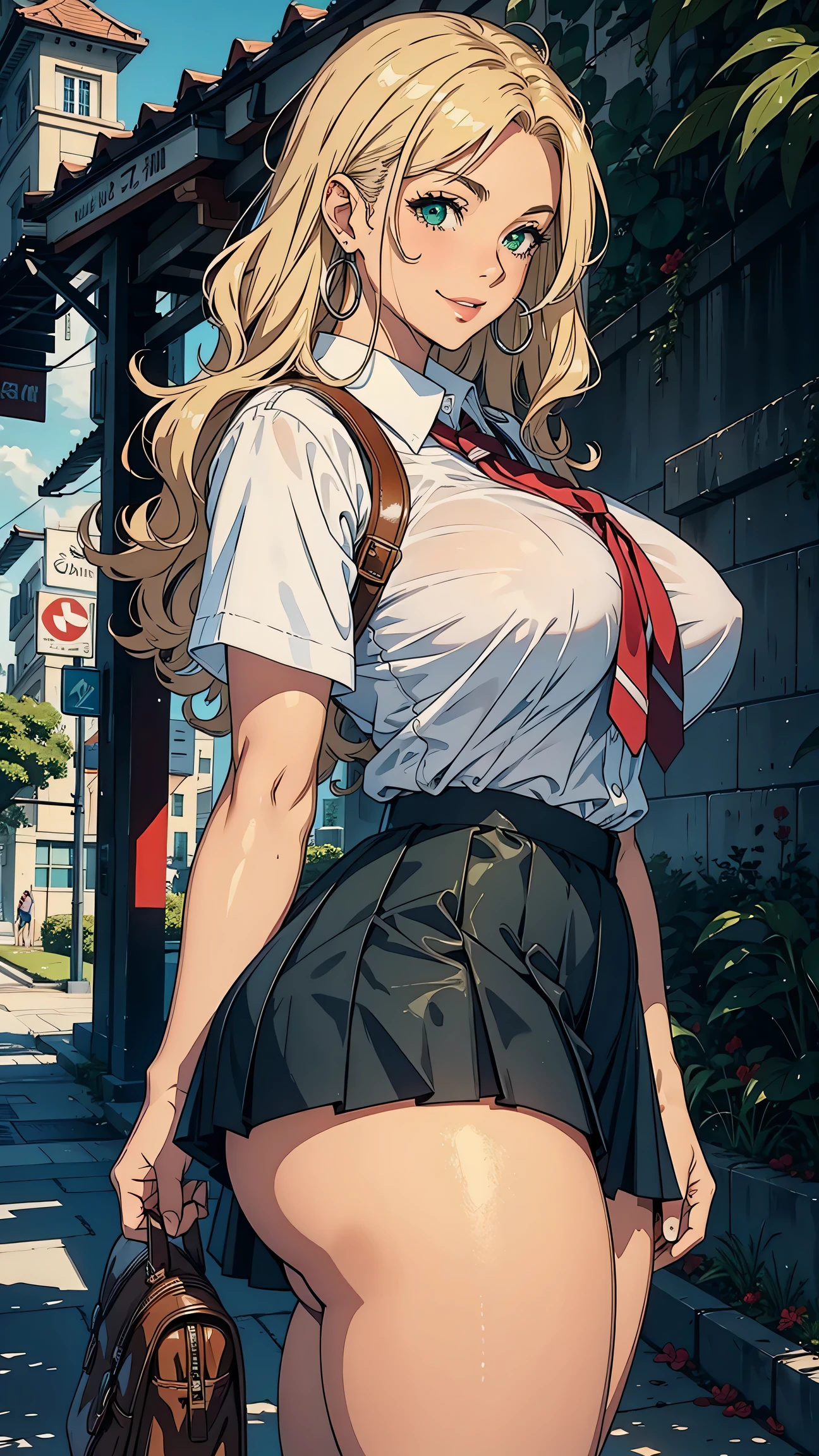 Best quality, solo mature woman, giant breasts, giant ass, very curvy, tanned skin, dyed curly blonde hair, vibrant green eyes, full lips, seductive, smiling, wet school girl uniform, school girl skirt, silver hoops, hibiscus flower, bimbo, thick thighs, curvy physique,